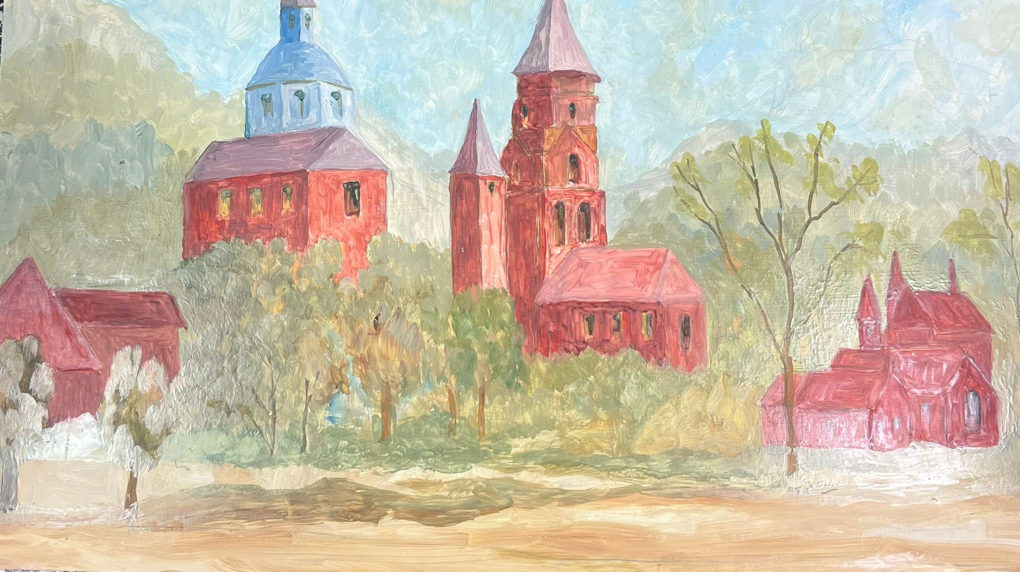Bernard Labbe Landscape Painting - 1950's French Modernist Oil Painting Red Church Towers In Tree Landscape