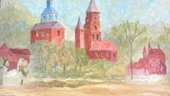 Peinture à l'huile moderniste française des années 1950 - Tours d'église rouges dans un paysage arboré