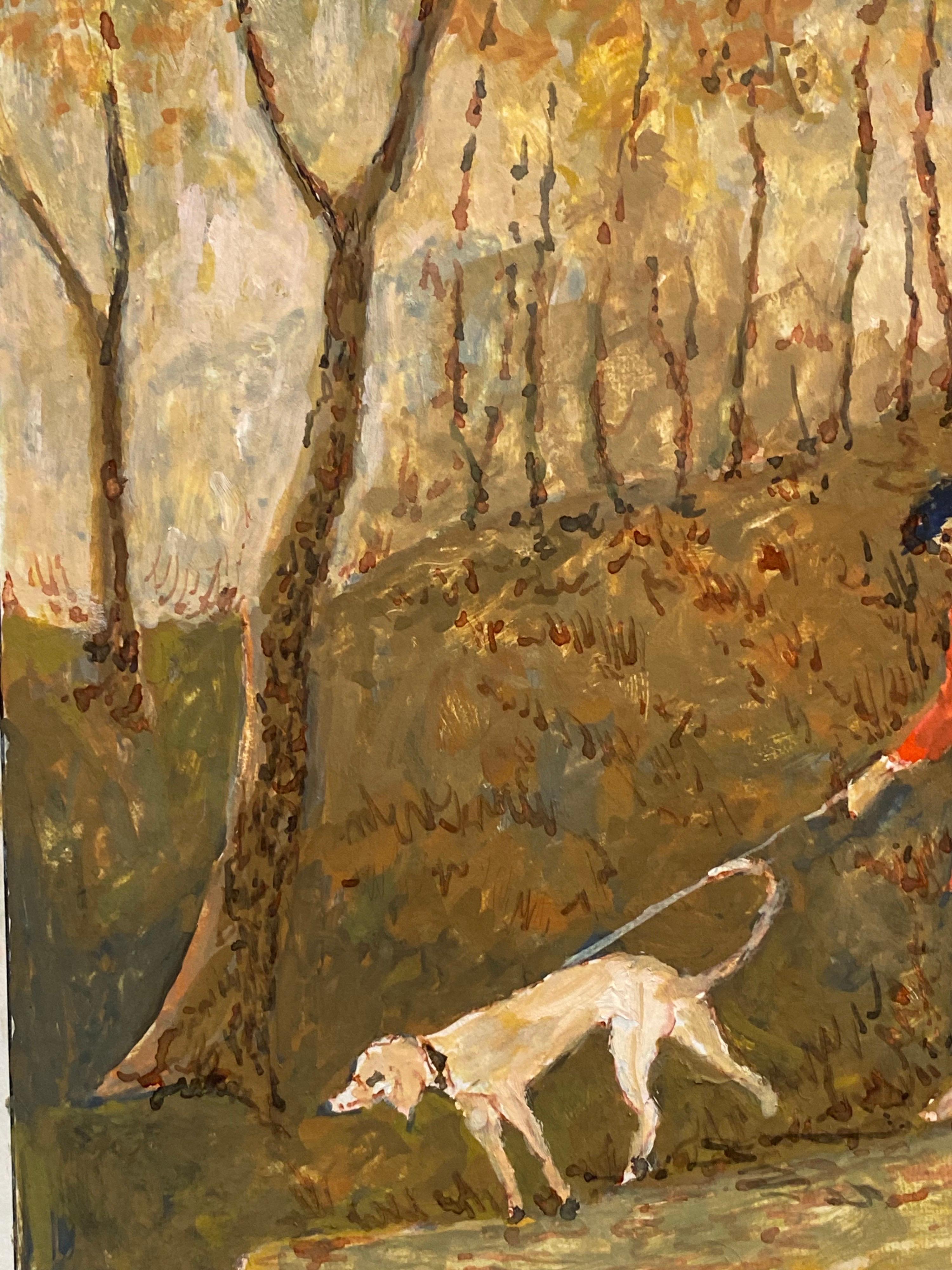 1950's French Modernist Painting Huntsman with Hound in Landscape - Brown Landscape Art by Bernard Labbe