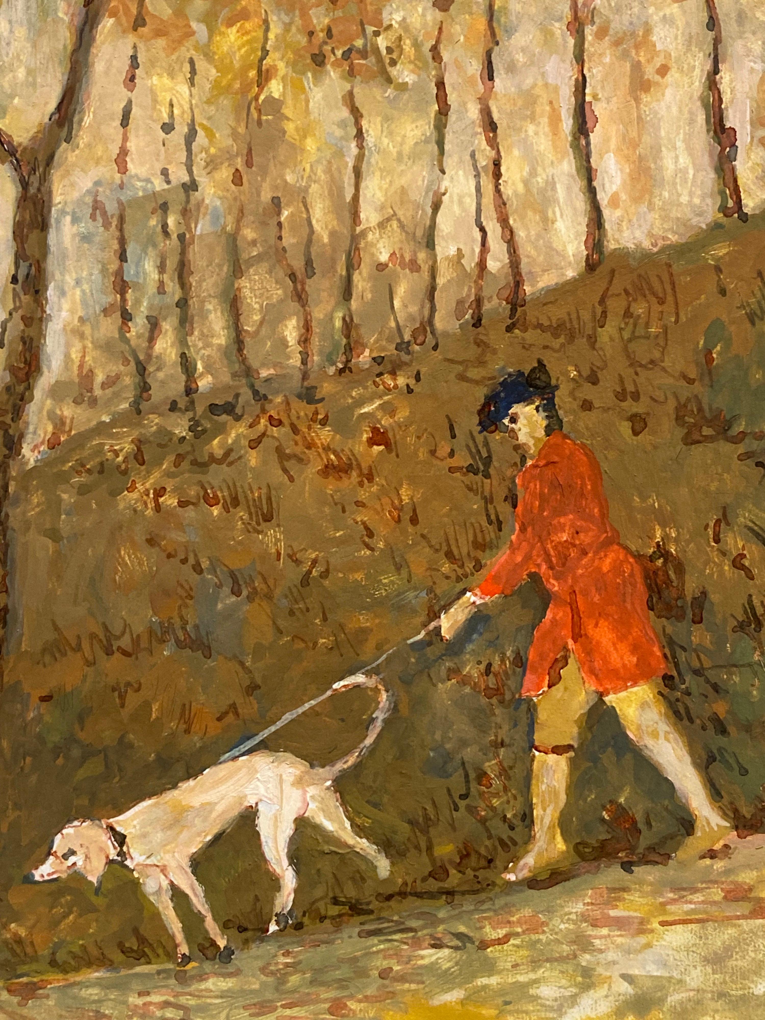 Huntsman and Hound
by Bernard Labbe (French mid 20th century)
signed original watercolour/ gouache painting on board, unframed
size: 10 x 8.25 inches
condition: very good and ready to be enjoyed. 

provenance: the artists atelier/ studio, France