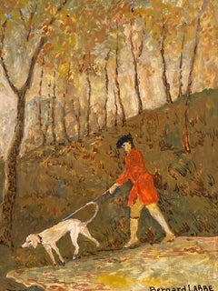 1950's French Modernist Painting Huntsman with Hound in Landscape