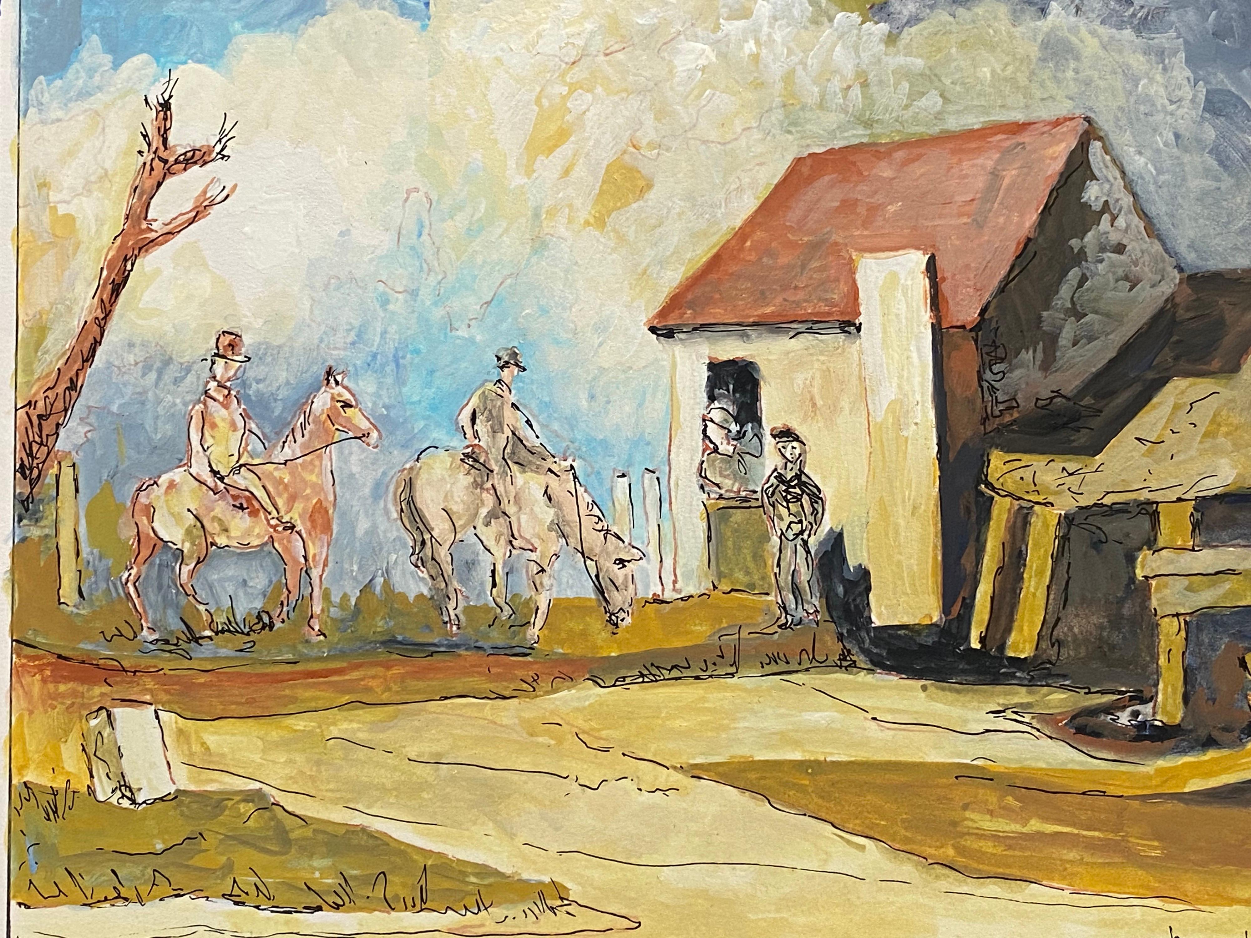 Pintura modernista francesa de los años 50 firmada - Figuras a caballo en un pueblo - Art de Bernard Labbe