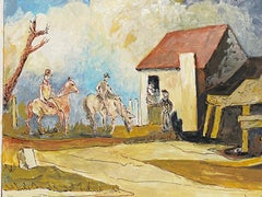 Pintura modernista francesa de los años 50 firmada - Figuras a caballo en un pueblo
