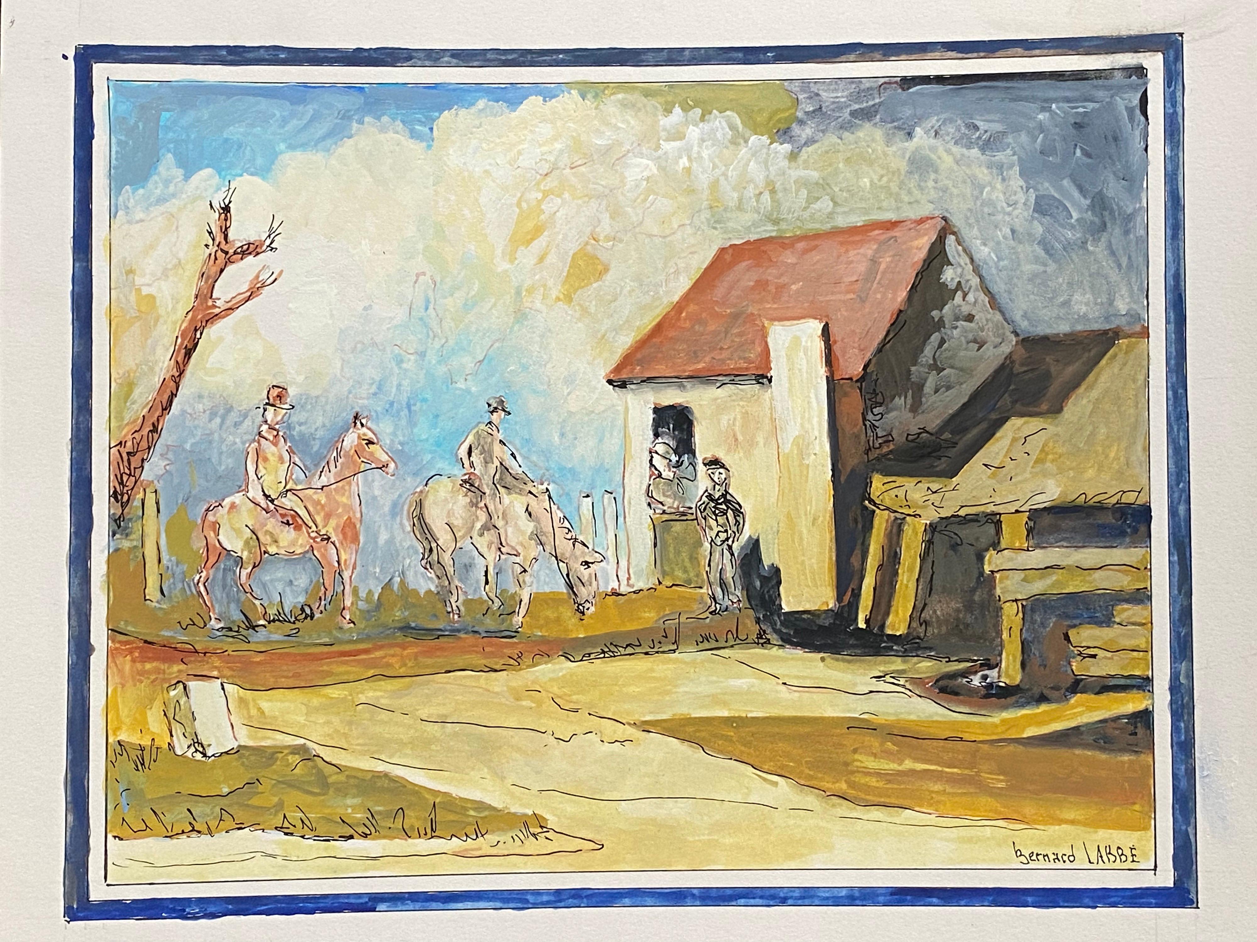 Bernard Labbe Landscape Art – Französisches modernistisches Gemälde aus den 1950er Jahren, signiert – Figuren auf Pferd im Dorf