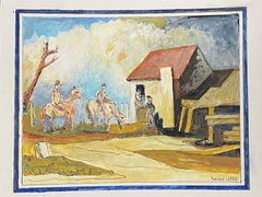 1950's French Modernist Painting signed - Figures on Horseback in Village