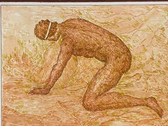 Französisches modernistisches Gemälde der 1950er Jahre, signiert, nackte Figur in Landschaft