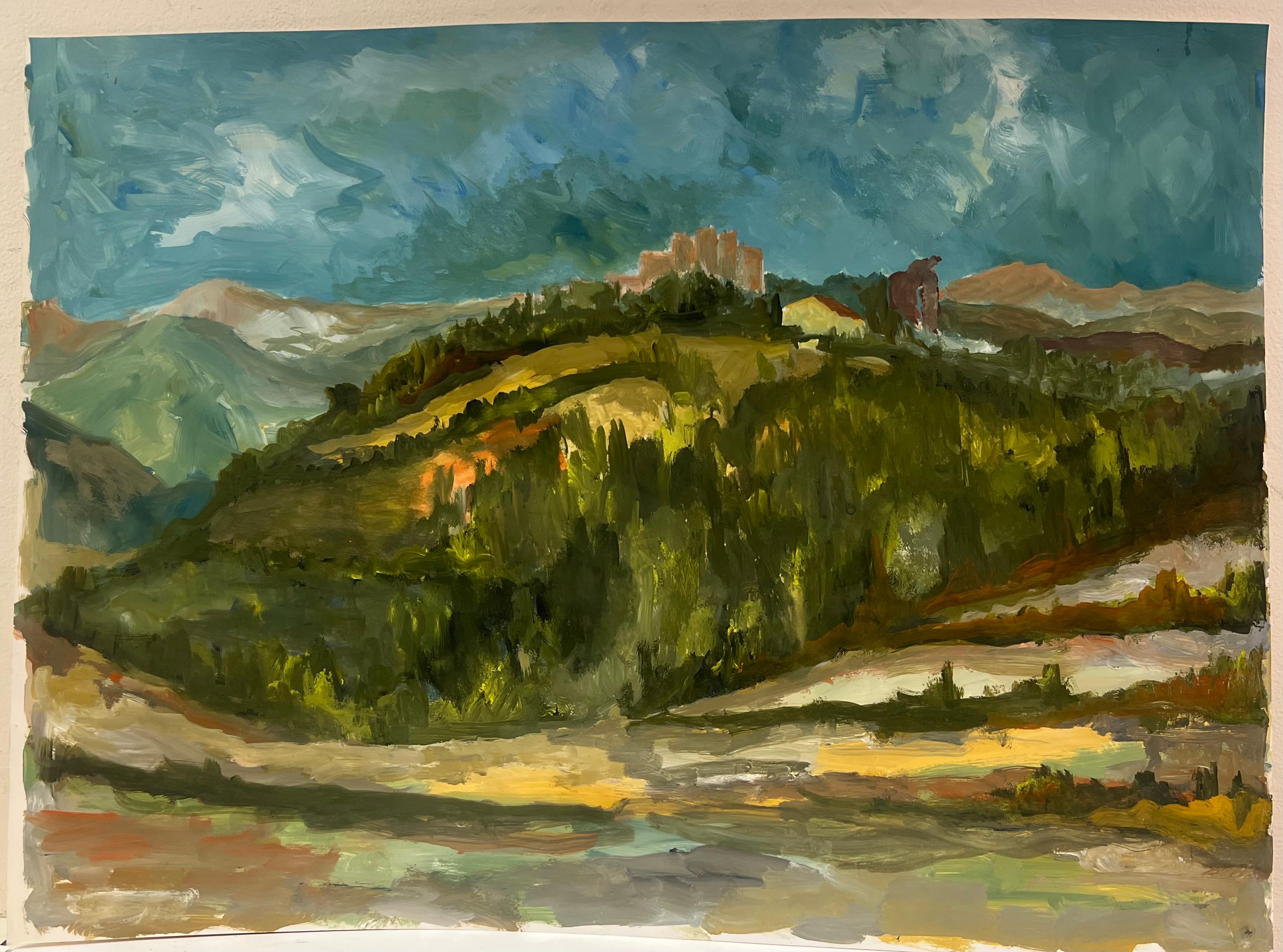 Años 50 Aldea francesa Ladera en verde Colinas onduladas Paisaje al óleo - Painting de Bernard Labbe
