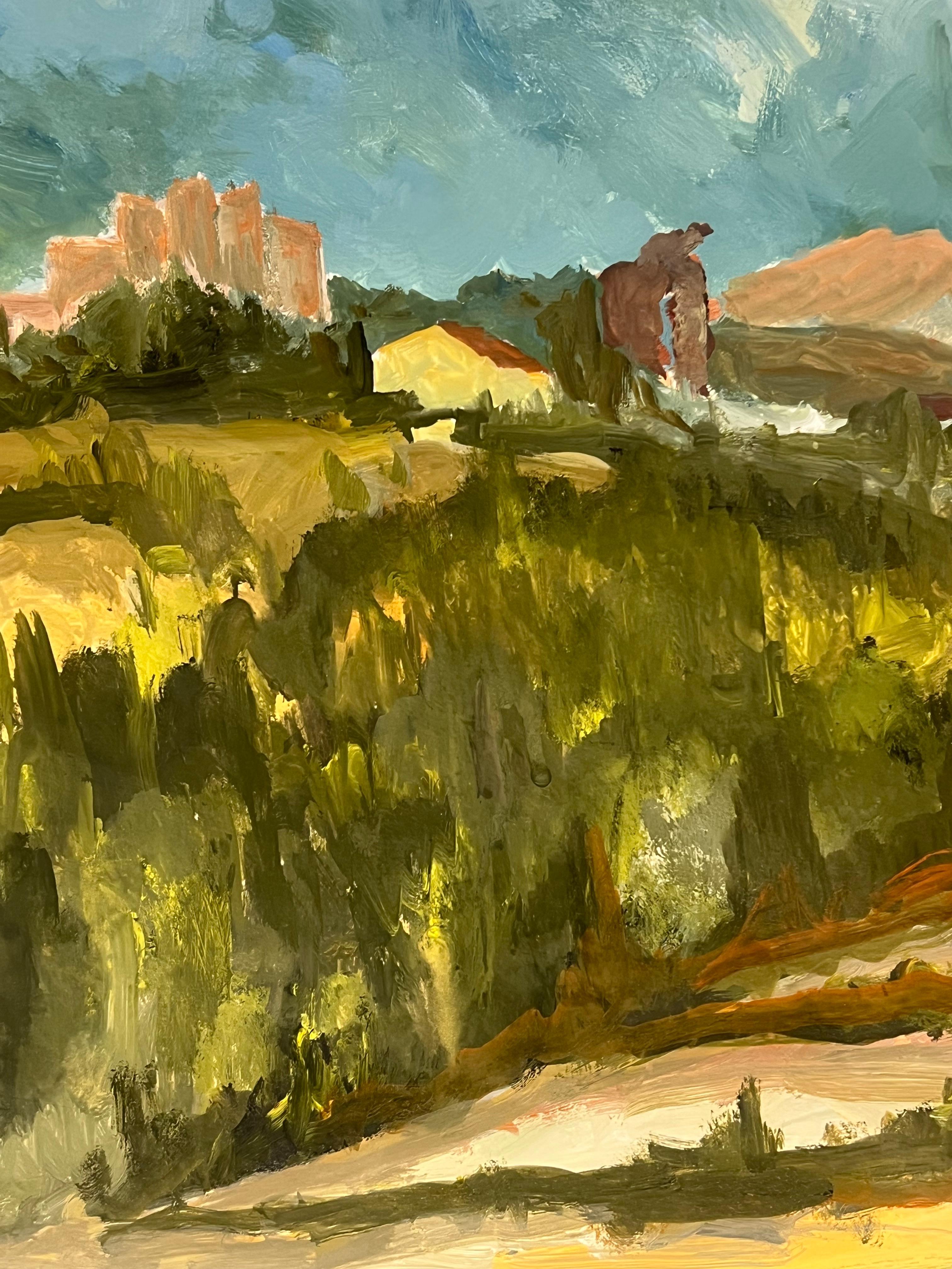 Años 50 Aldea francesa Ladera en verde Colinas onduladas Paisaje al óleo - Painting Moderno de Bernard Labbe