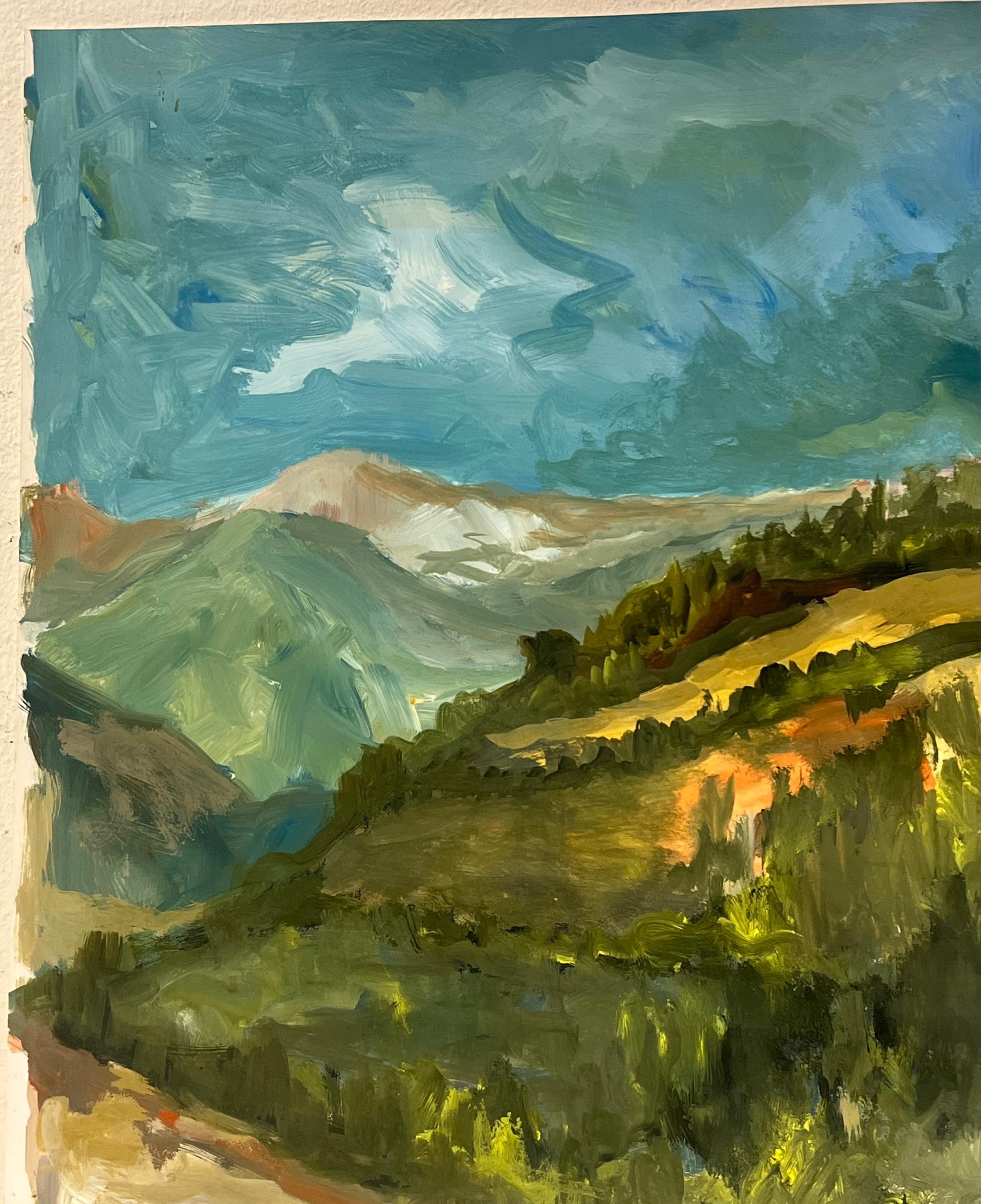 Años 50 Aldea francesa Ladera en verde Colinas onduladas Paisaje al óleo - Landscape Painting Marrón de Bernard Labbe