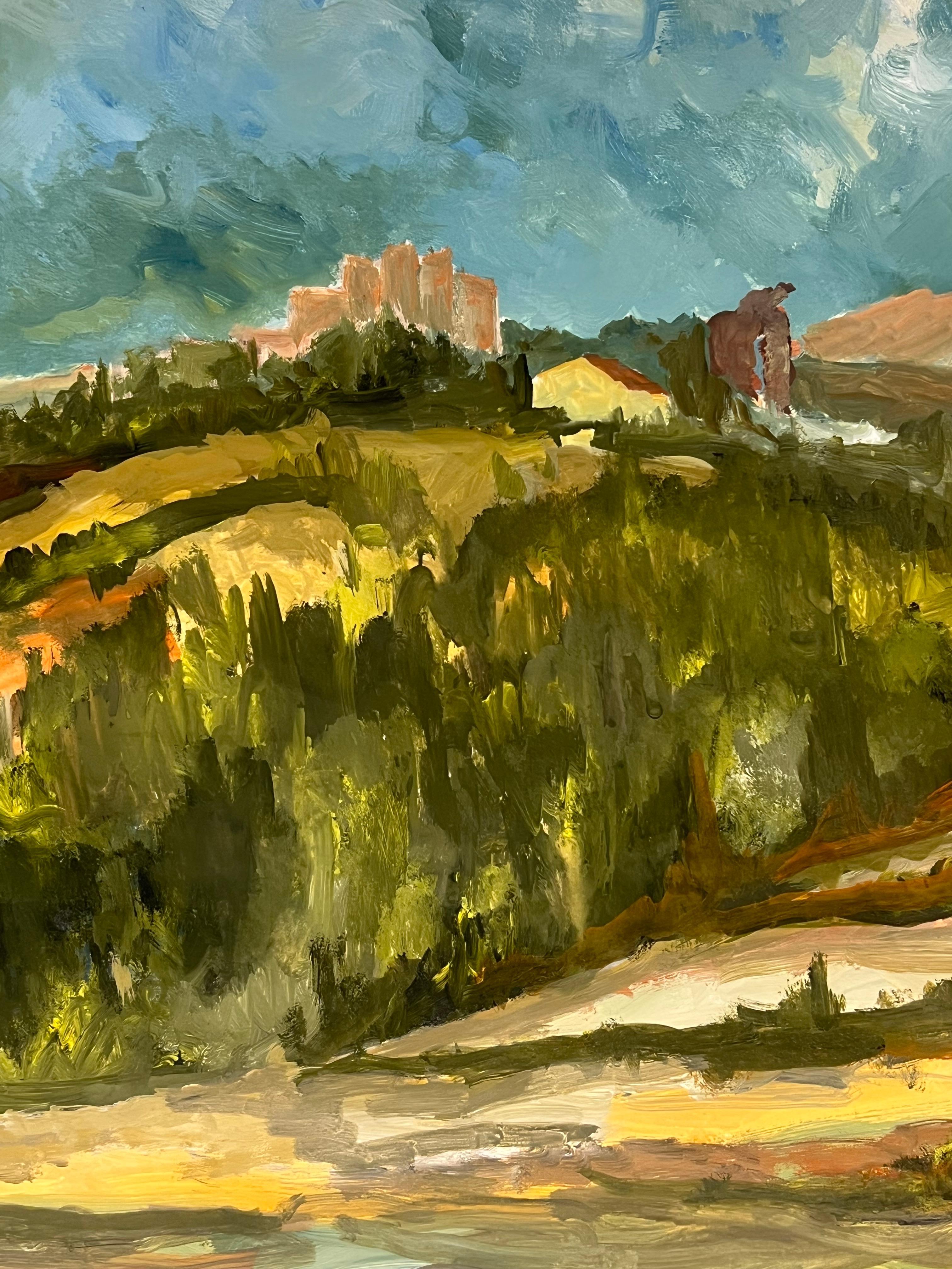 Años 50 Aldea francesa Ladera en verde Colinas onduladas Paisaje al óleo en venta 1