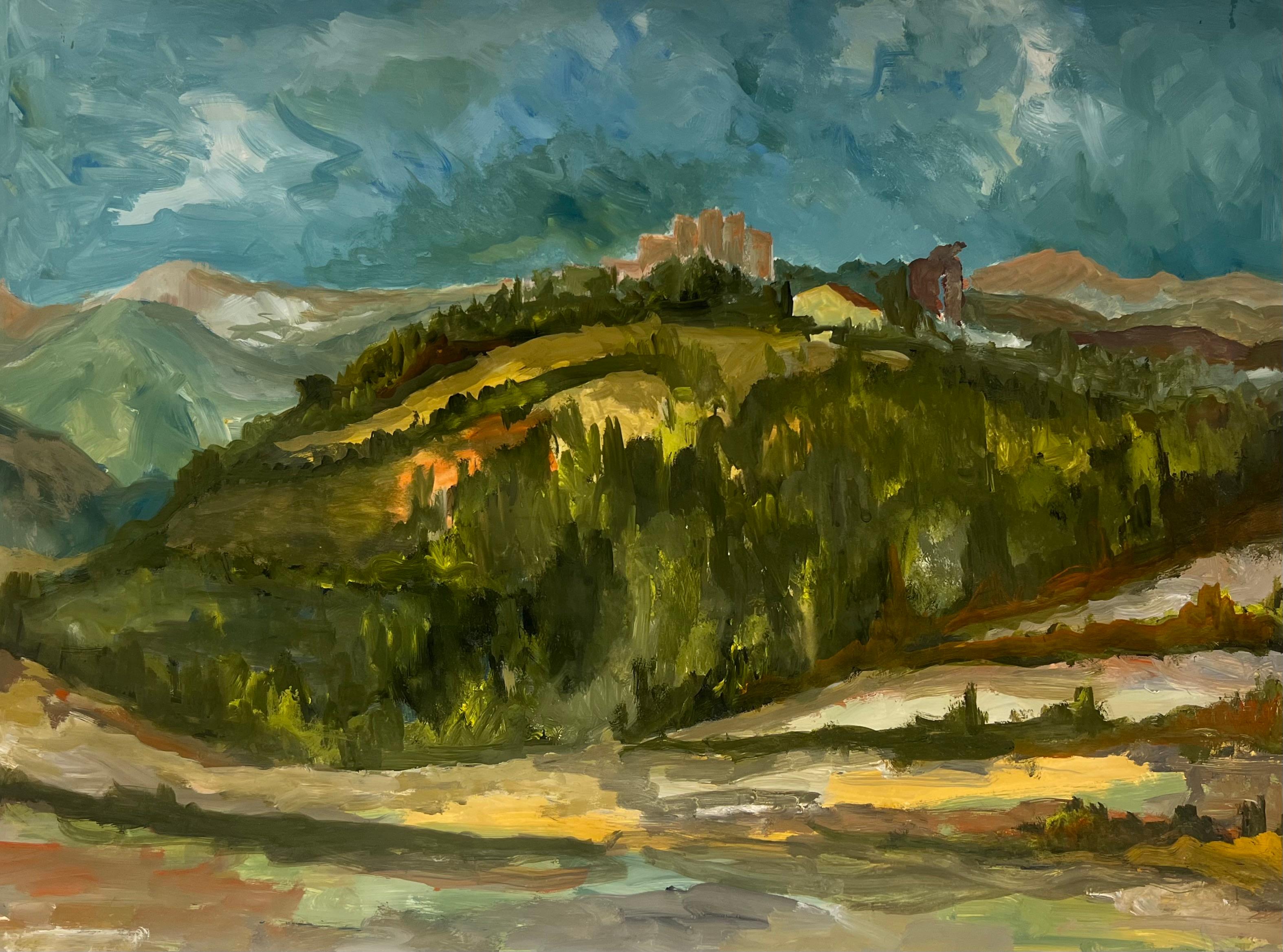 Landscape Painting de Bernard Labbe - Años 50 Aldea francesa Ladera en verde Colinas onduladas Paisaje al óleo