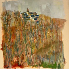 1950's Hidden Village Through The Beige Vertical Trees French Oil Landscape
