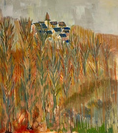 1950's Hidden Village Through The Beige Vertical Trees French Oil Landscape