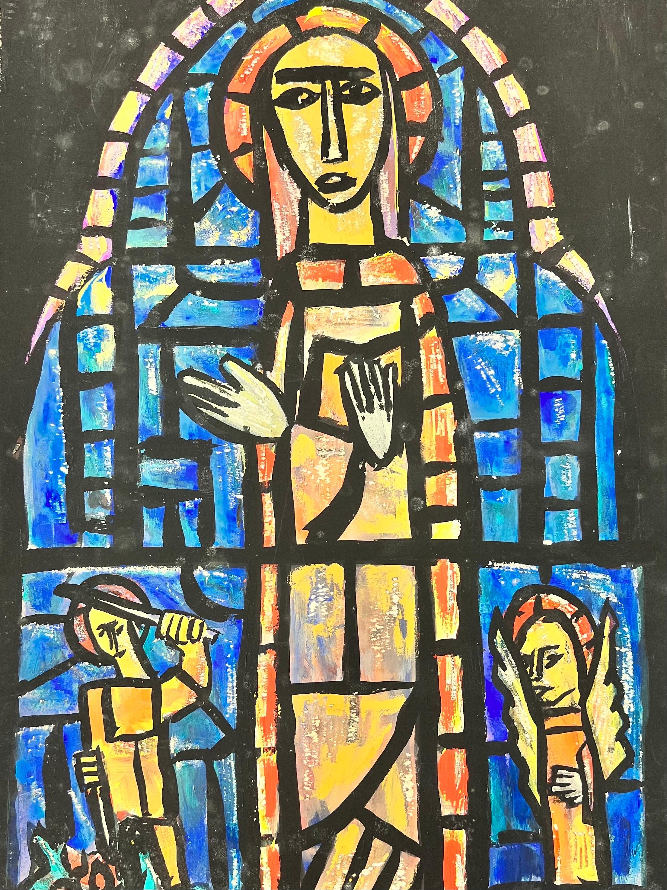 Modernistische/kubistische Malerei der 1950er Jahre - Abstraktes Church's Stained Glass Window – Painting von Bernard Labbe