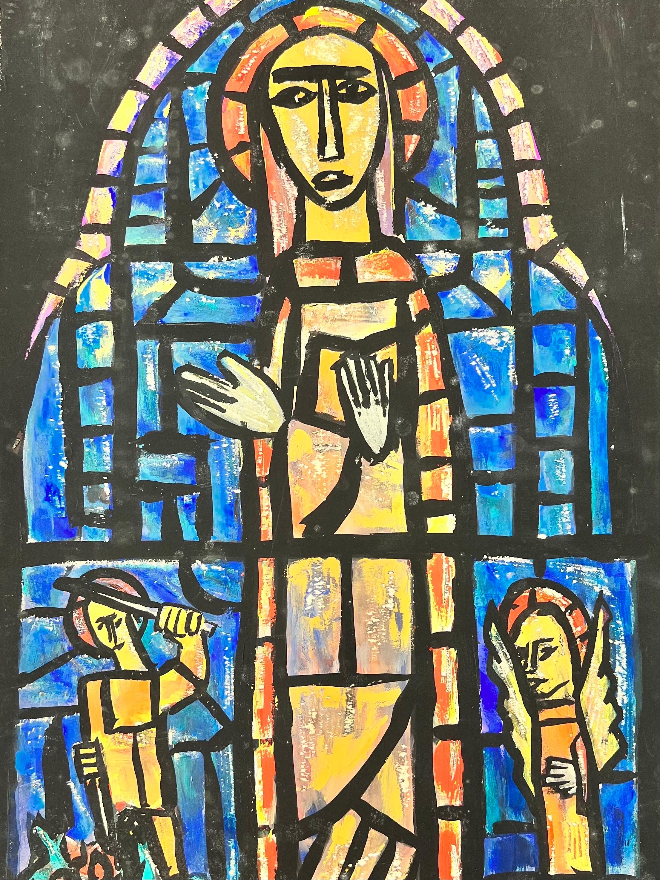 Pittura modernista/cubista degli anni '50 - Vetrata astratta di una chiesa - Art di Bernard Labbe