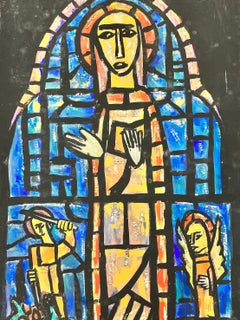 Pittura modernista/cubista degli anni '50 - Vetrata astratta di una chiesa