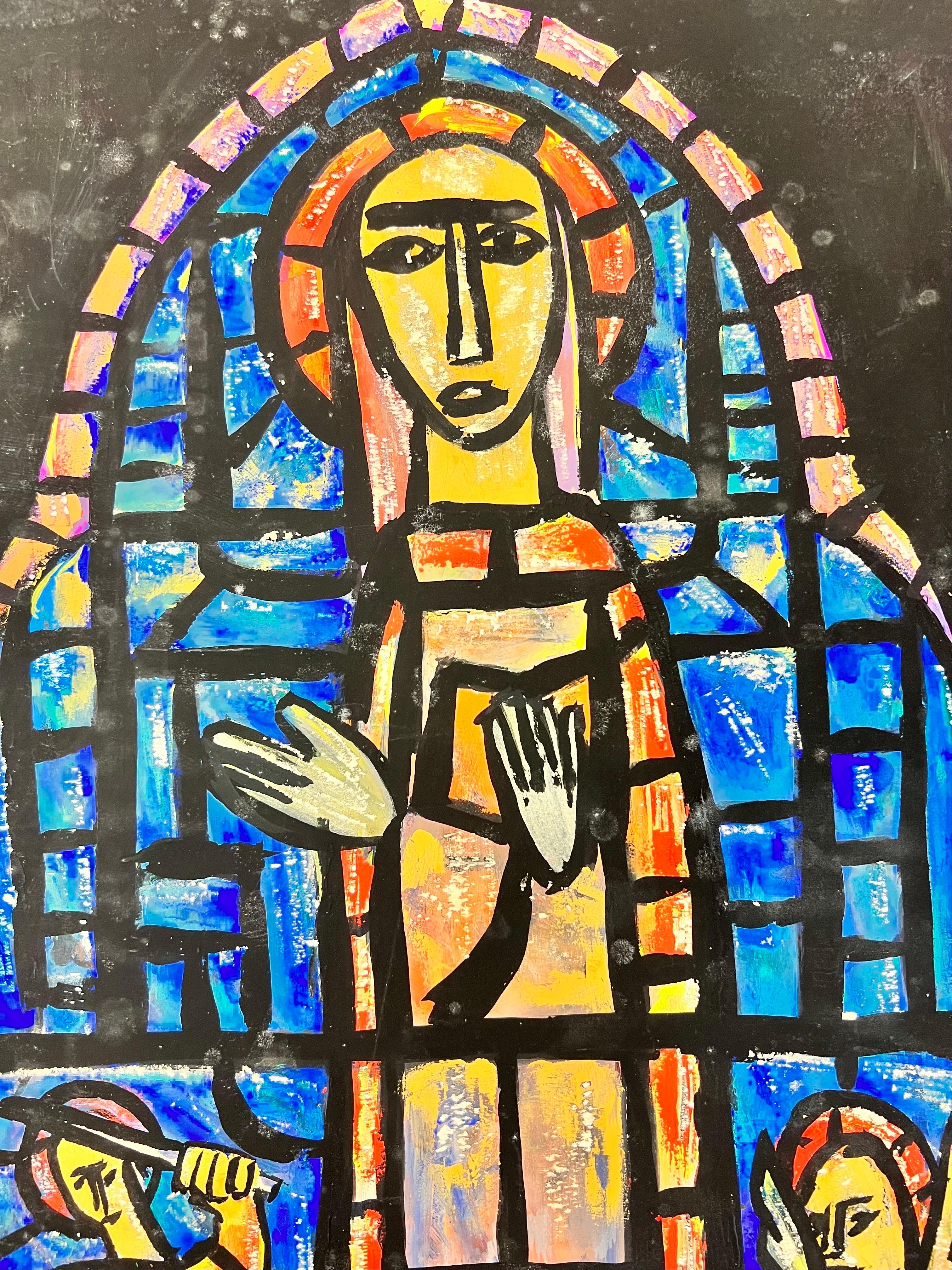 Pittura modernista/cubista degli anni '50 - Vetrata astratta di una chiesa - Art Moderno di Bernard Labbe