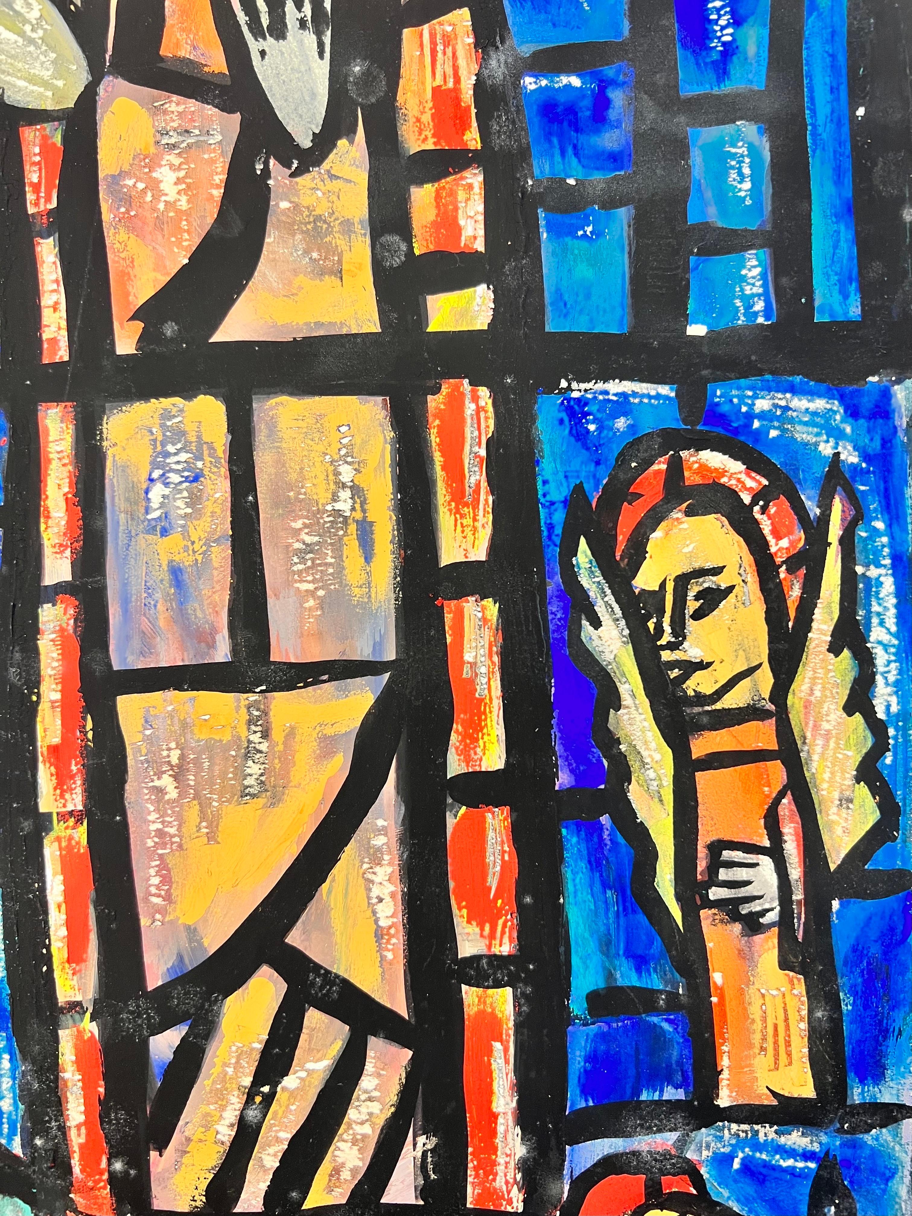 1950's Modernist/ Cubist Painting - Abstract Church Stained Glass Window For Sale 1