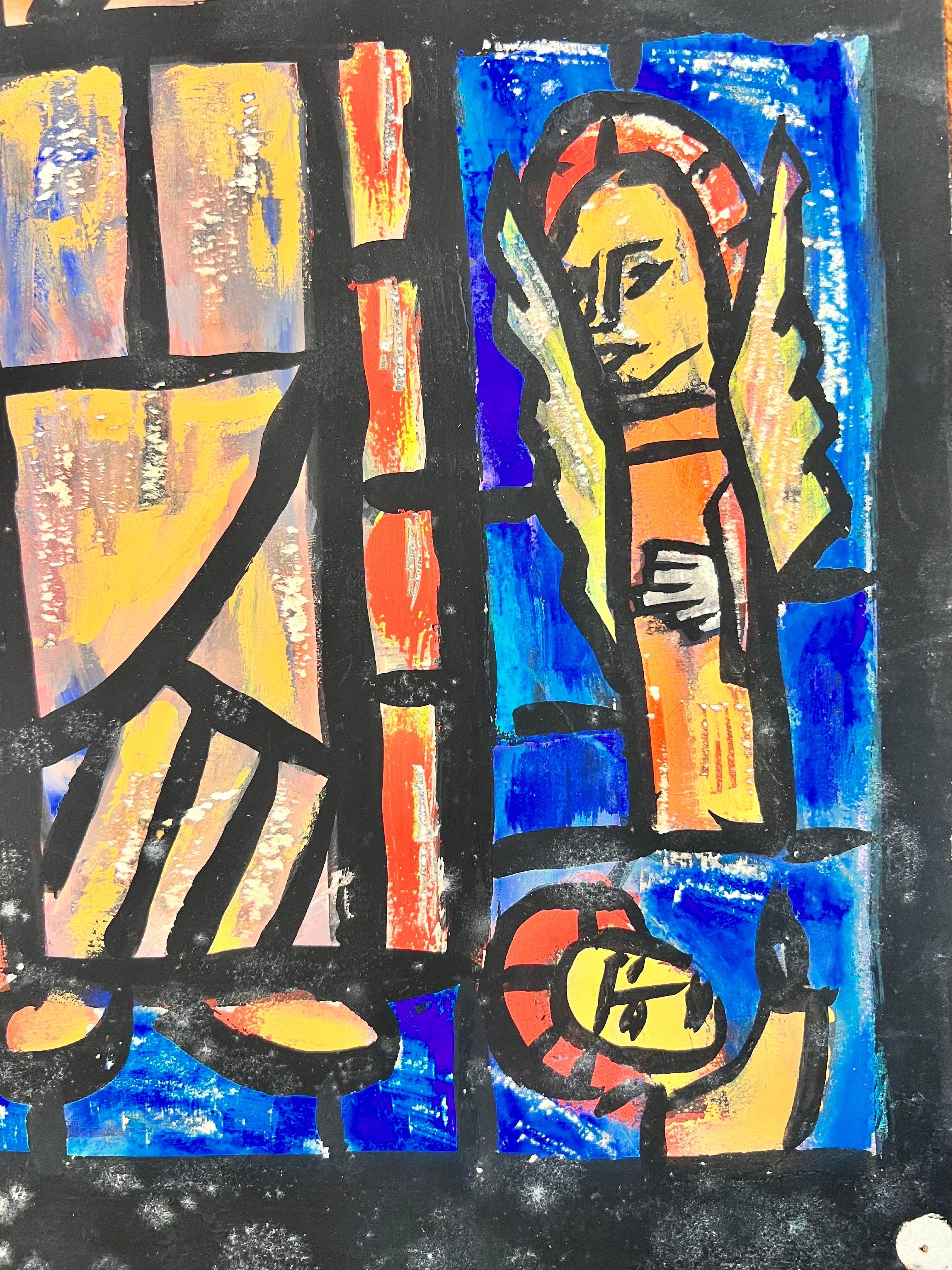 1950's Modernist/ Cubist Painting - Abstract Church Stained Glass Window For Sale 2