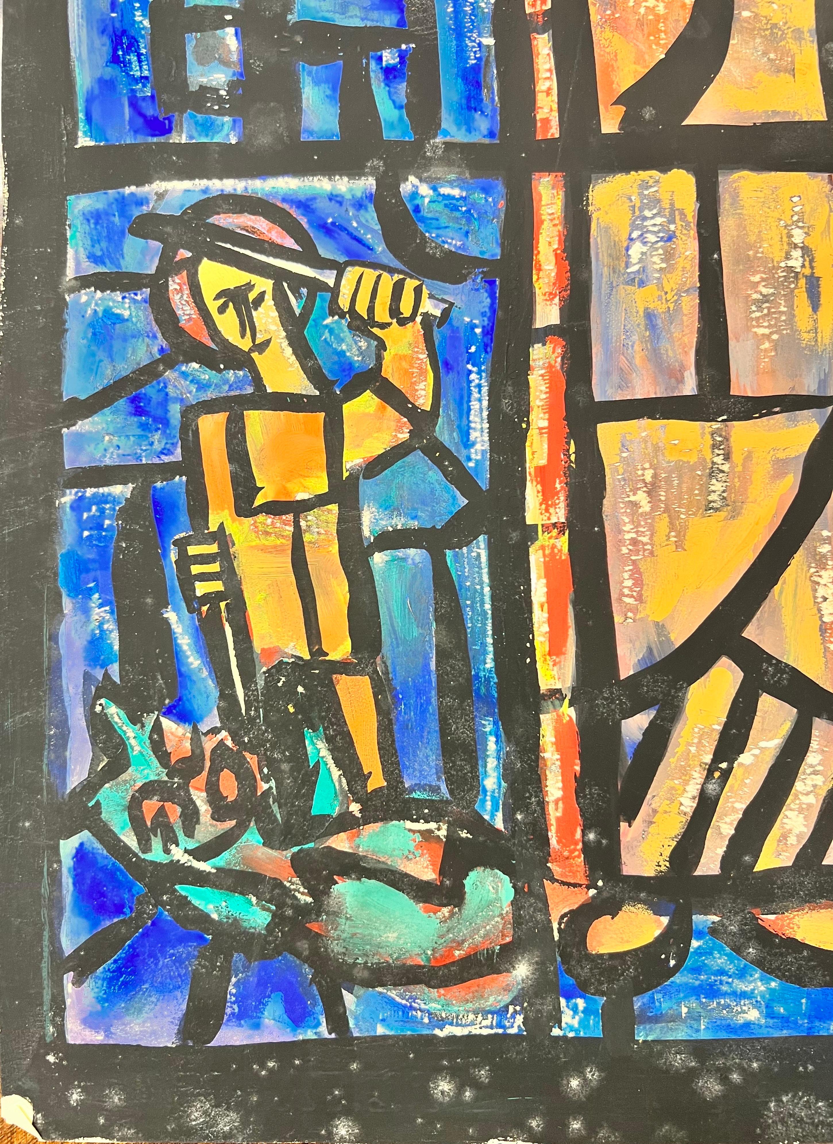 1950's Modernist/ Cubist Painting - Abstract Church Stained Glass Window For Sale 3
