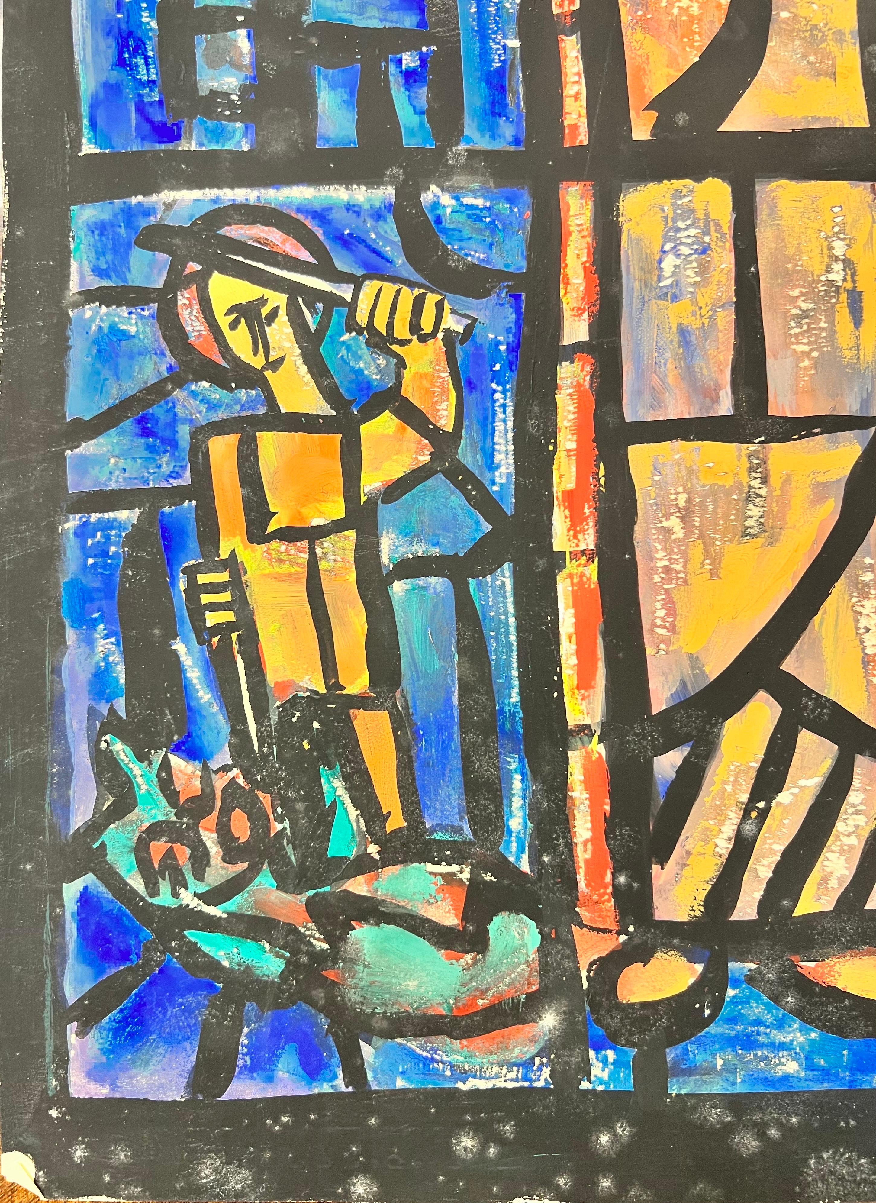 Pittura modernista/cubista degli anni '50 - Vetrata astratta di una chiesa in vendita 3