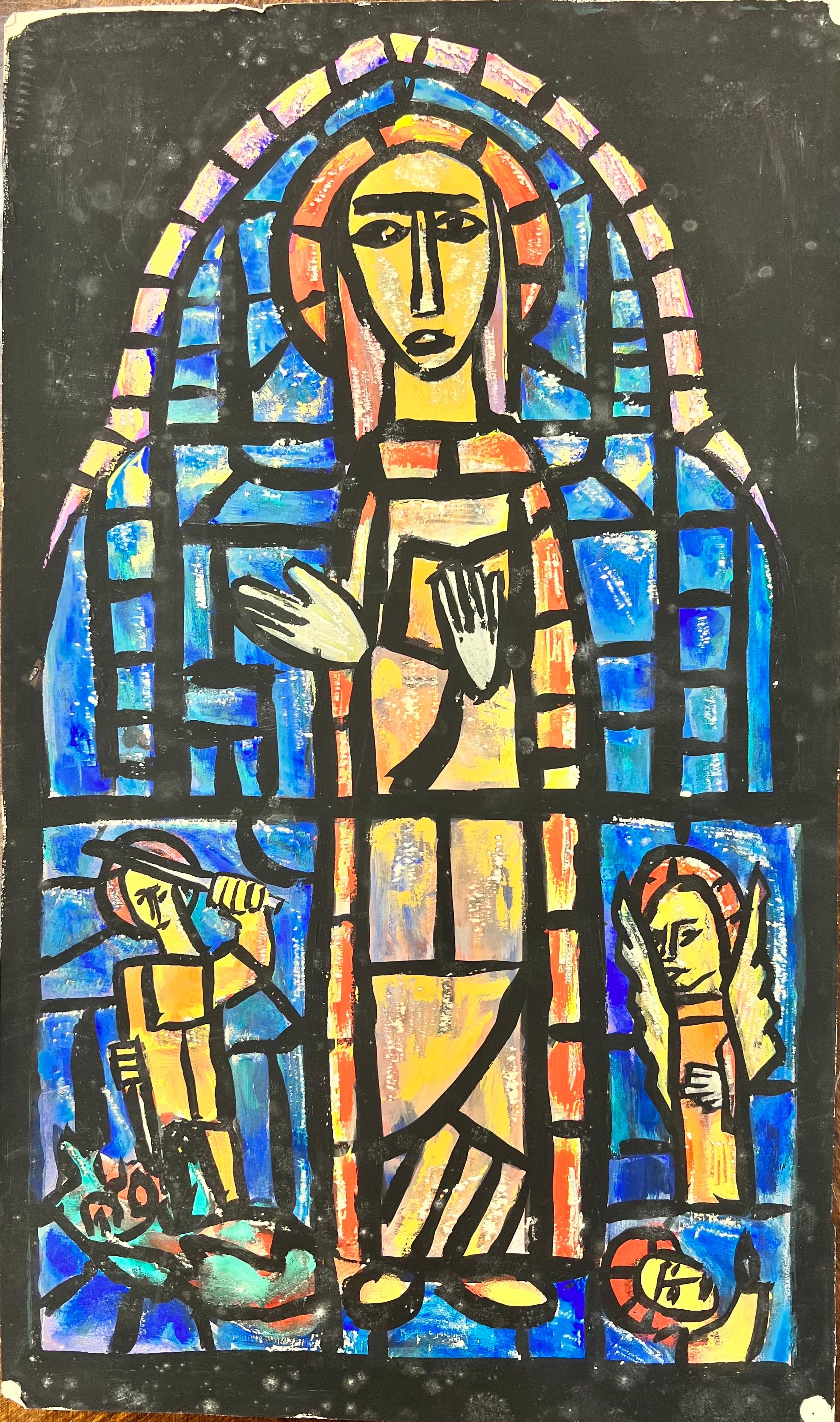 Pintura modernista/cubista de los años 50 - Vidriera abstracta de iglesia