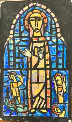 Pintura modernista/cubista de los años 50 - Vidriera abstracta de iglesia