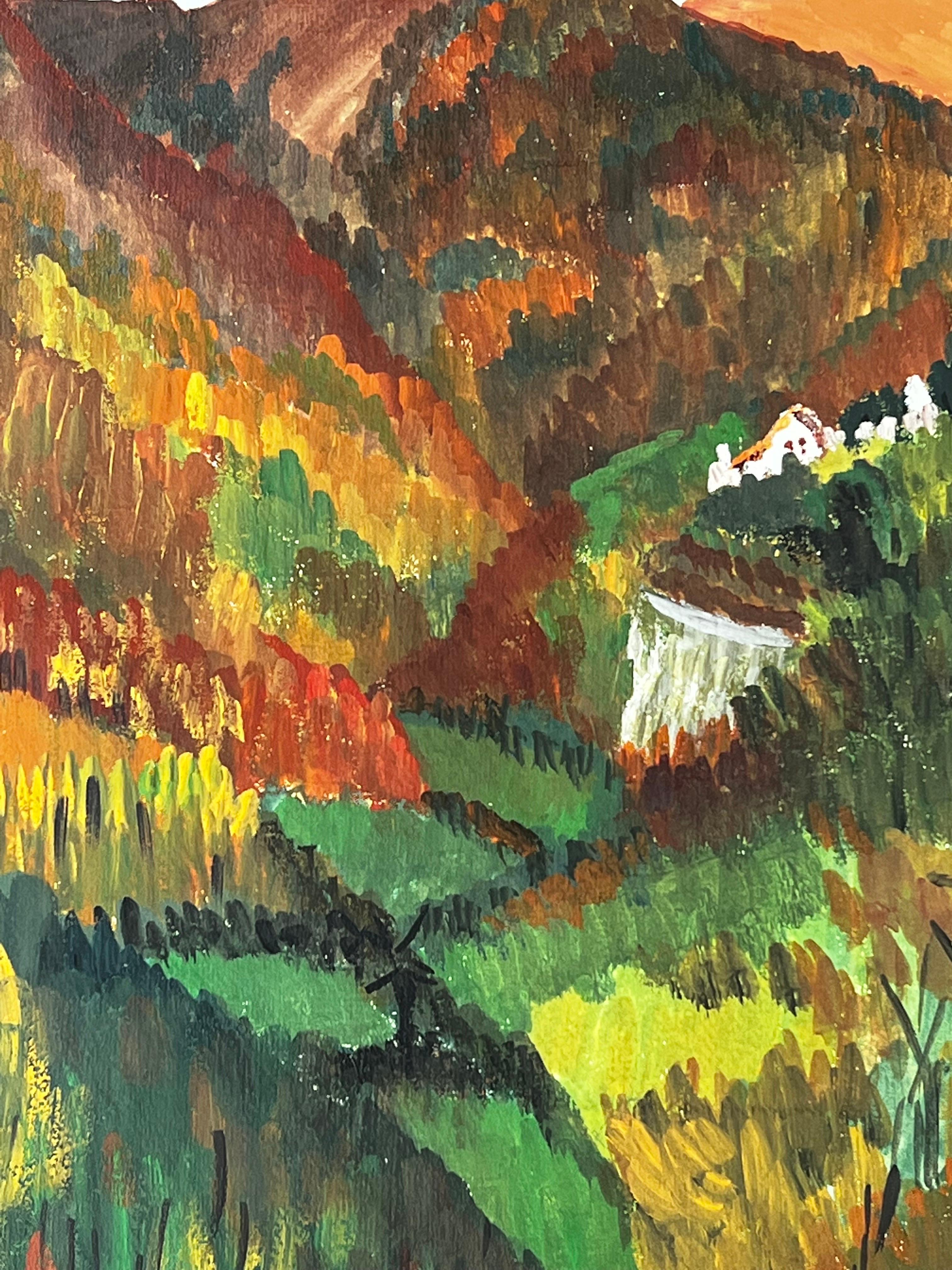 Pintura modernista/cubista de los años 50 - Paisaje arbóreo otoñal - Painting Moderno de Bernard Labbe