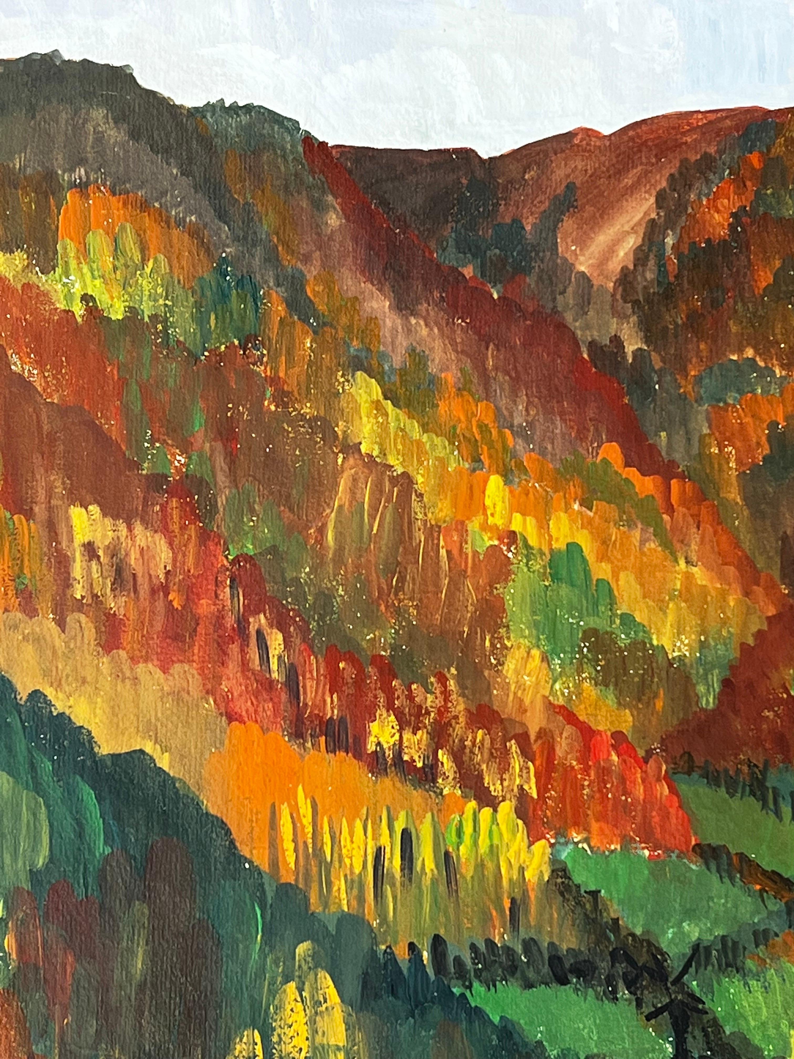 Pintura modernista/cubista de los años 50 - Paisaje arbóreo otoñal - Landscape Painting Marrón de Bernard Labbe