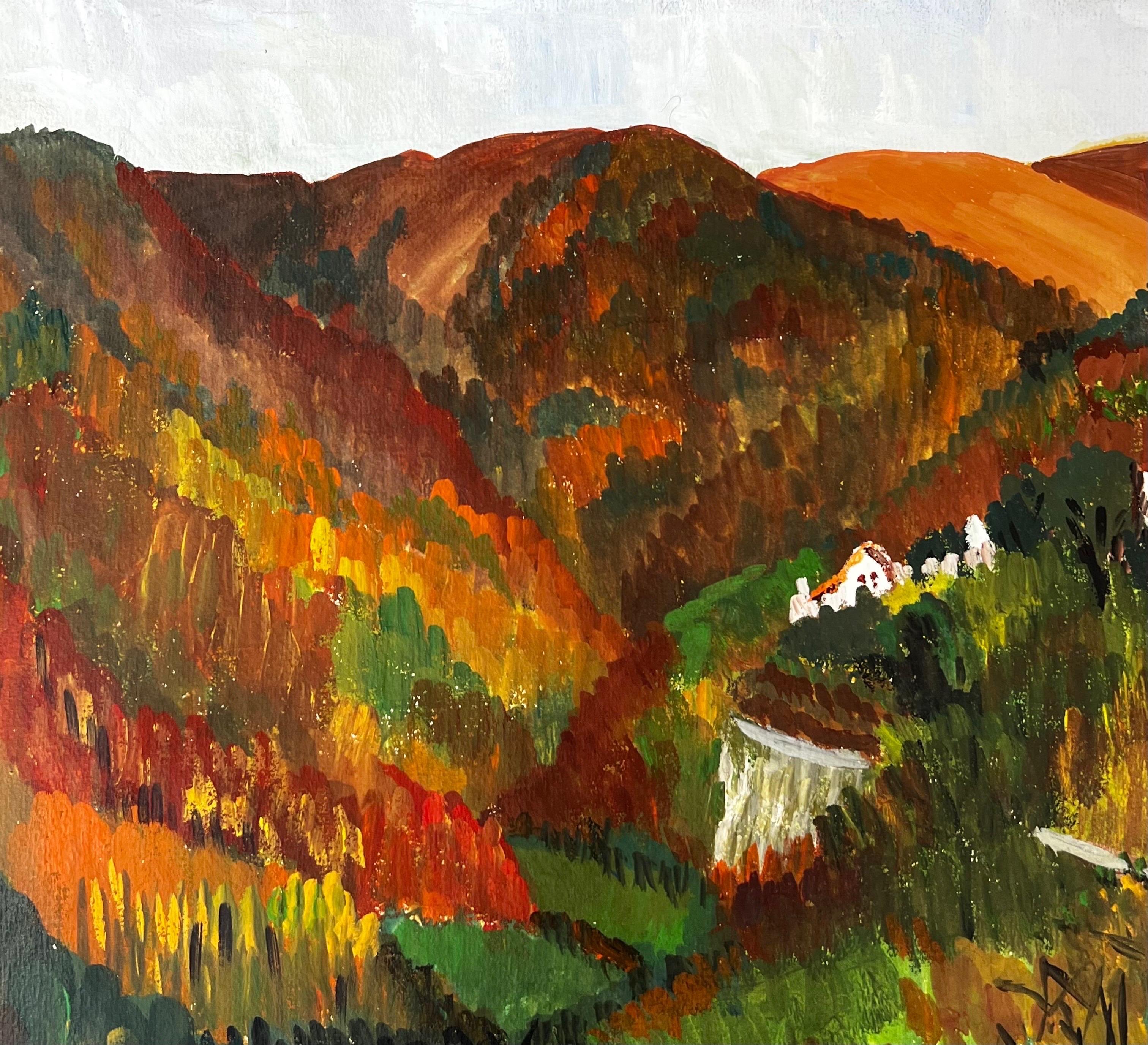 Pintura modernista/cubista de los años 50 - Paisaje arbóreo otoñal en venta 2
