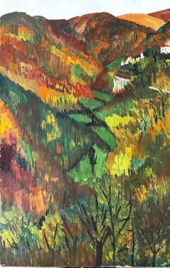 Vintage 1950's Modernist/ Cubist Painting - Autumn Tree Landscape