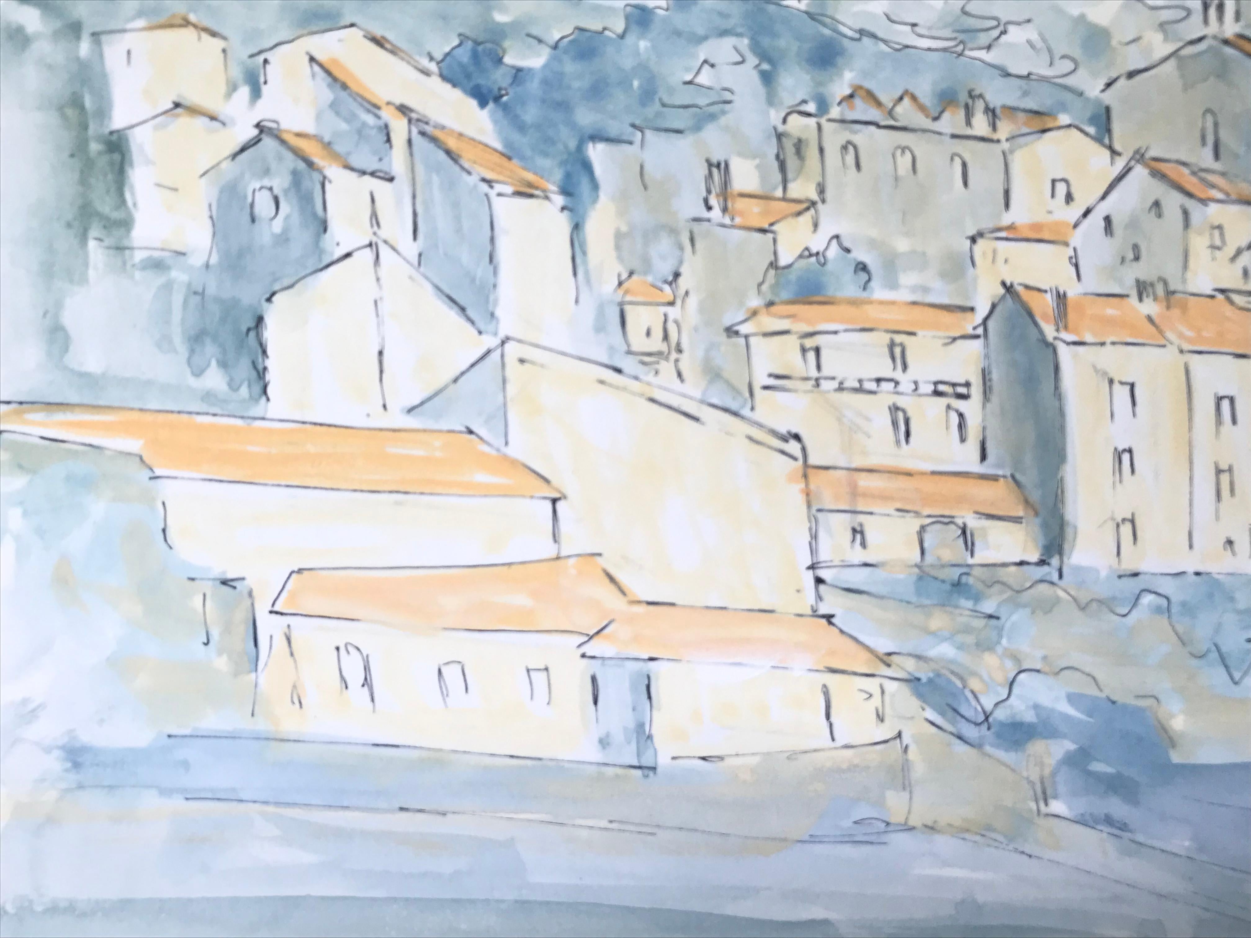 1950's Modernist/ Cubist Painting - Beautiful French Watercolour Landscape - Gray Landscape Painting by Bernard Labbe