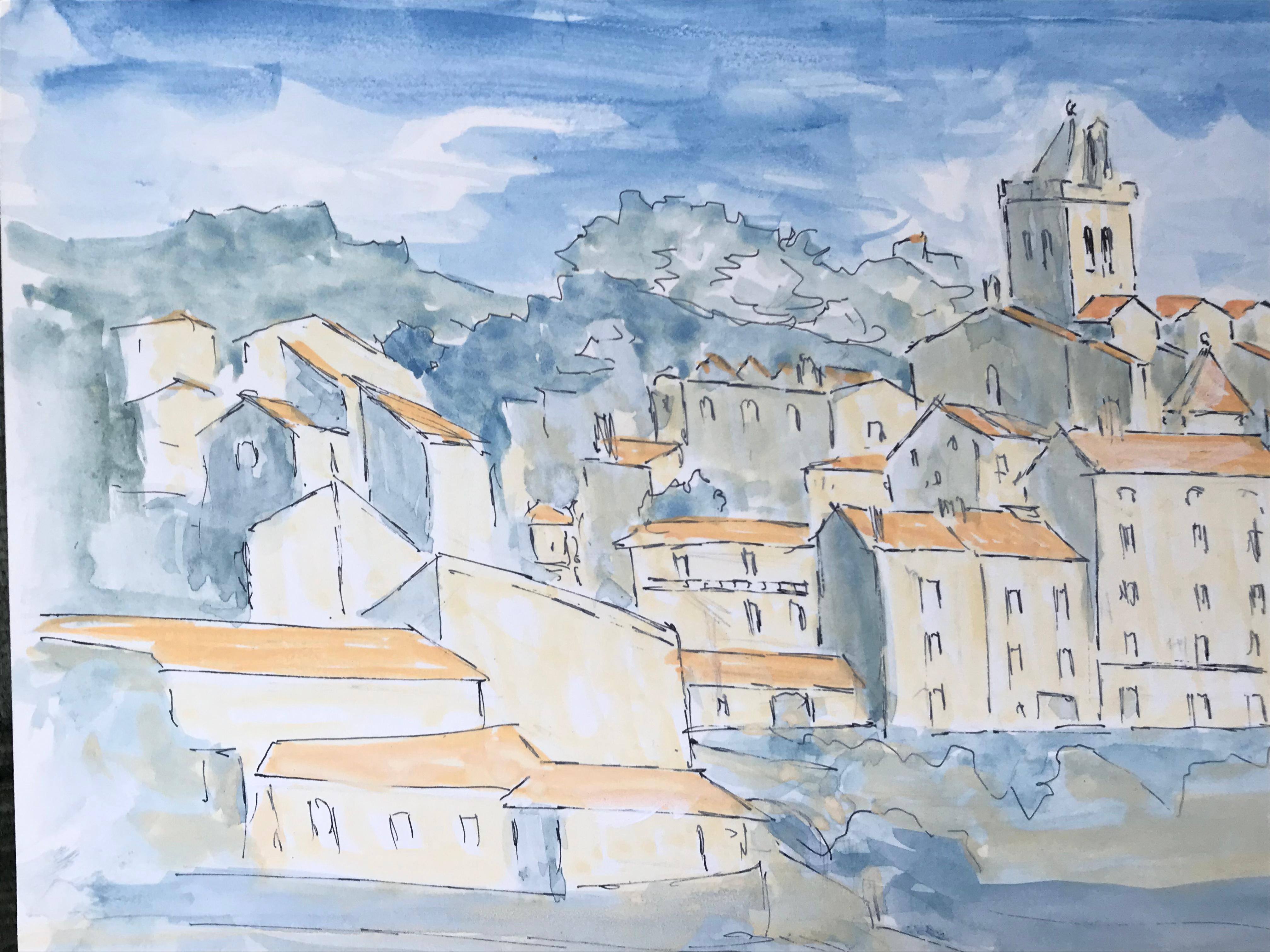 French Landscape
by Bernard Labbe (French mid 20th century)
original watercolour on artist paper, unframed
size: 8.25 x 11.75 inches
condition: very good and ready to be enjoyed. 

provenance: the artists atelier/ studio, France (stamped verso)