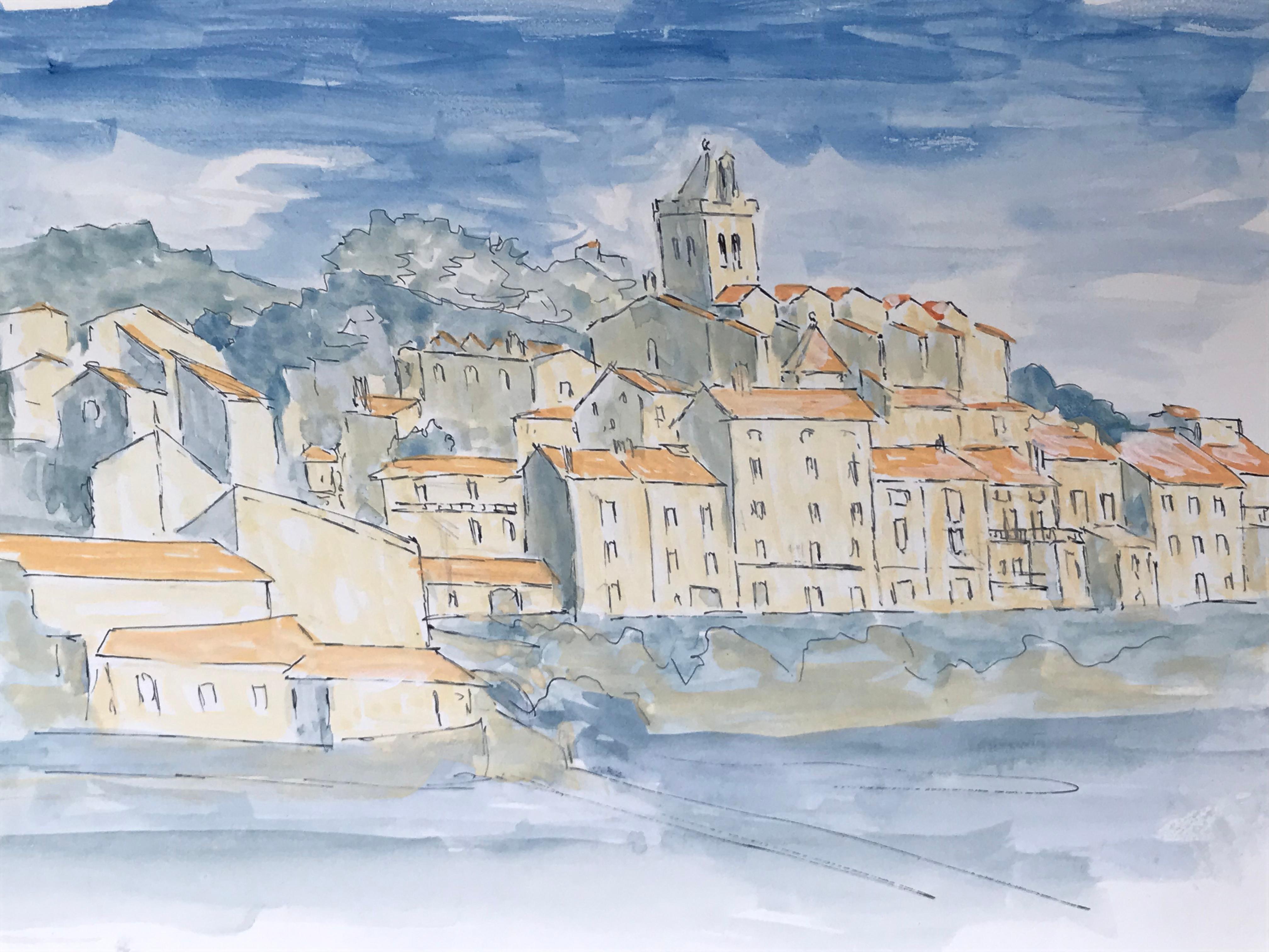 1950's Modernist/ Cubist Painting - Beautiful French Watercolour Landscape For Sale 1
