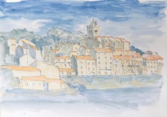 Peinture moderniste/ cubiste des années 1950 - Magnifique paysage à l'aquarelle française