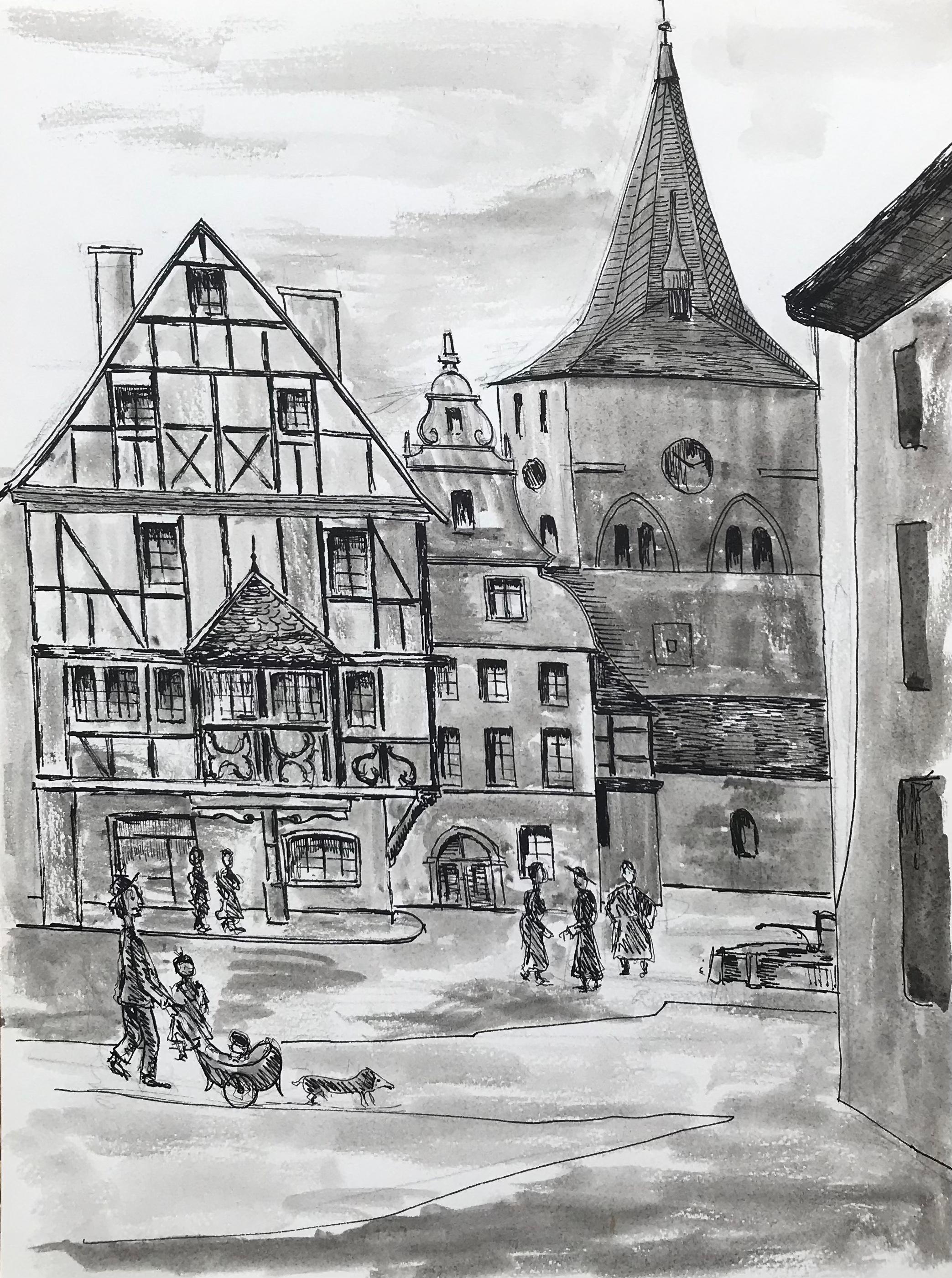 1950's Modernist/ Cubist Painting - Black and White French Town Scene