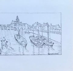 1950's Modernist/ Cubist Painting - Black and White Harbour Drawing