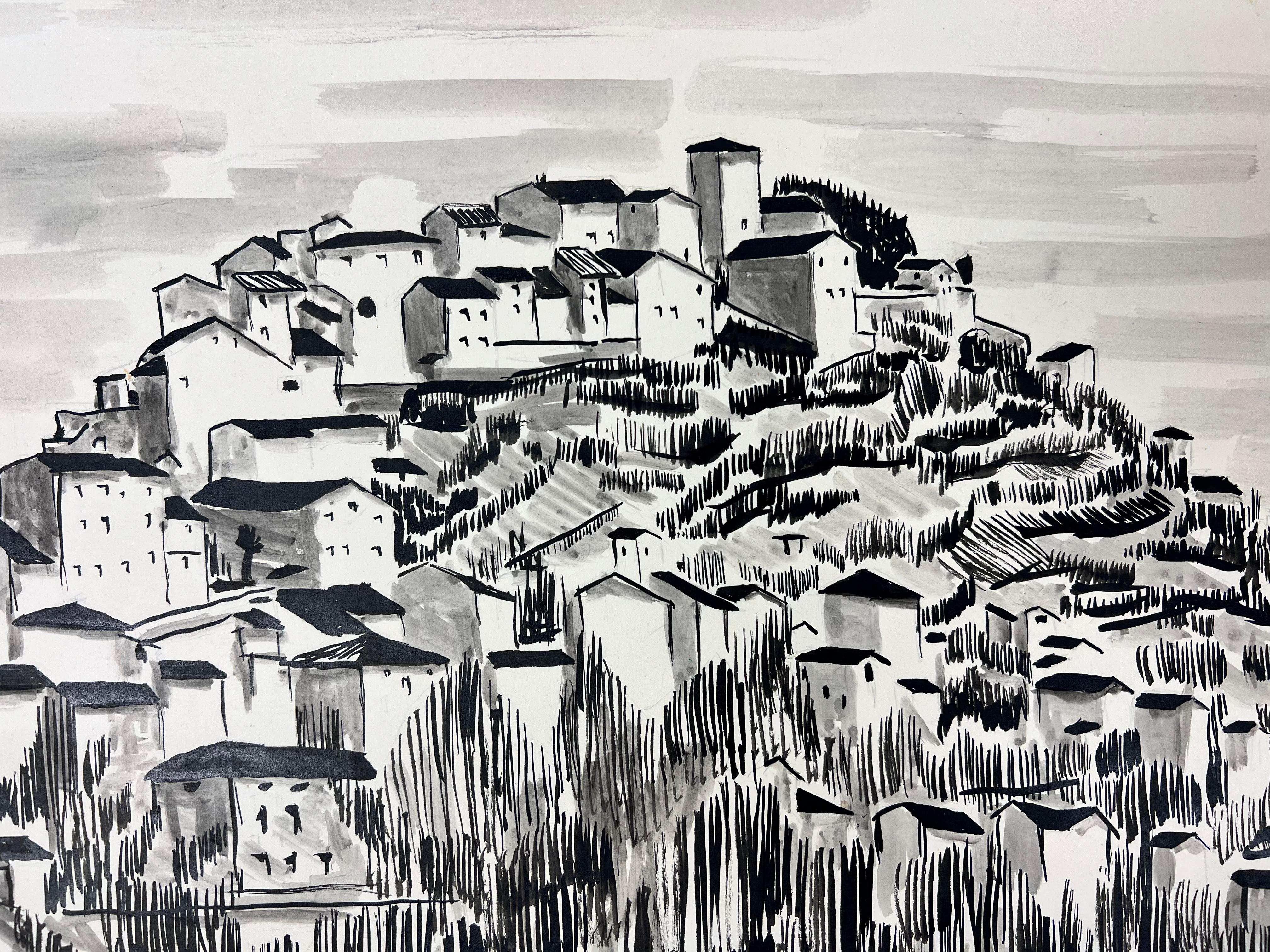 Modernistisches/ kubistisches Gemälde der 1950er Jahre – Schwarz-Weiß-Gemälde mit Dachplatte – Painting von Bernard Labbe