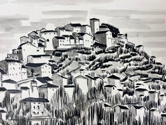 1950's Modernist/ Cubist Painting - Black and White Roof Top Town Landscape