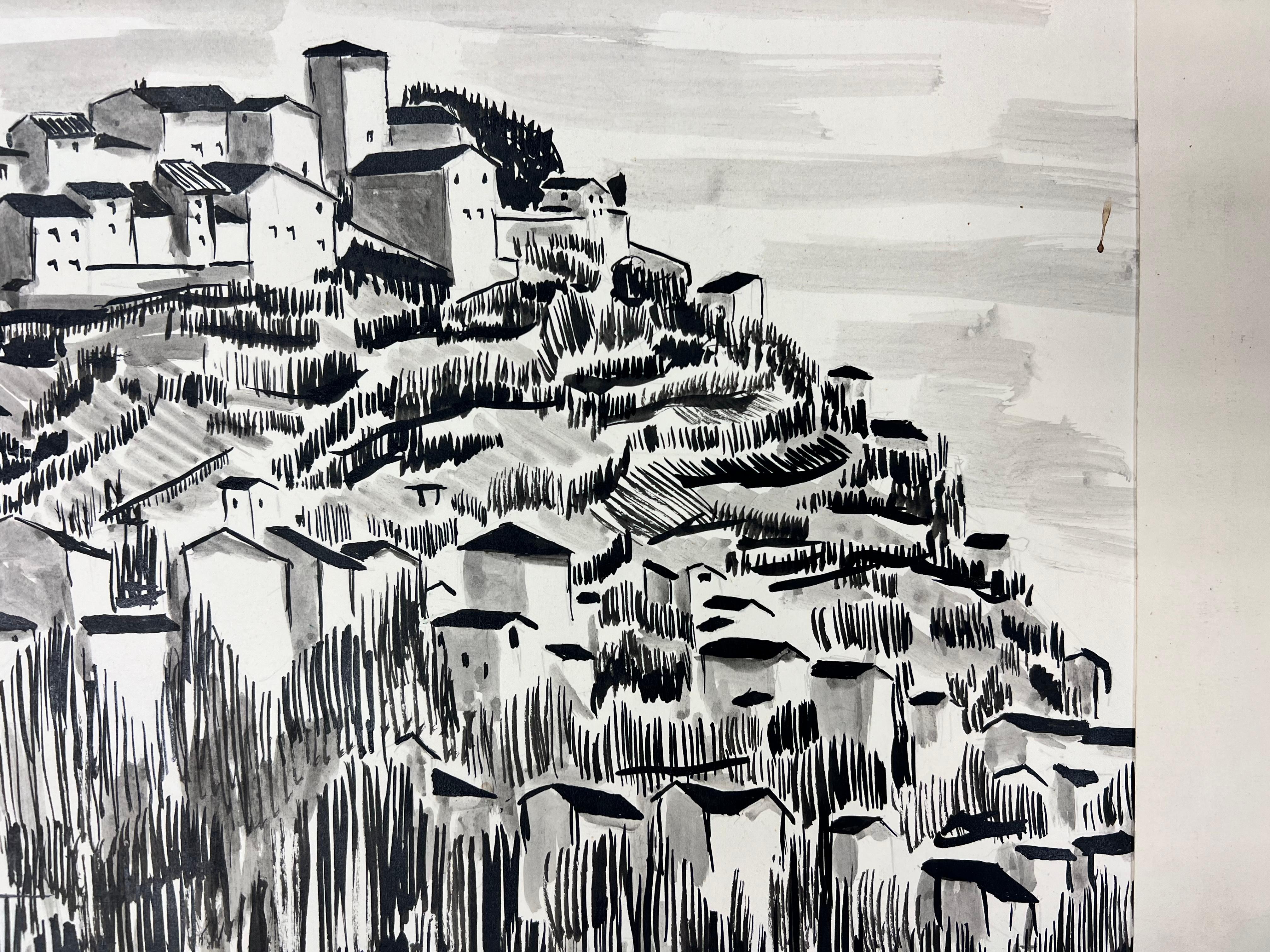 Modernistisches/ kubistisches Gemälde der 1950er Jahre – Schwarz-Weiß-Gemälde mit Dachplatte (Moderne), Painting, von Bernard Labbe