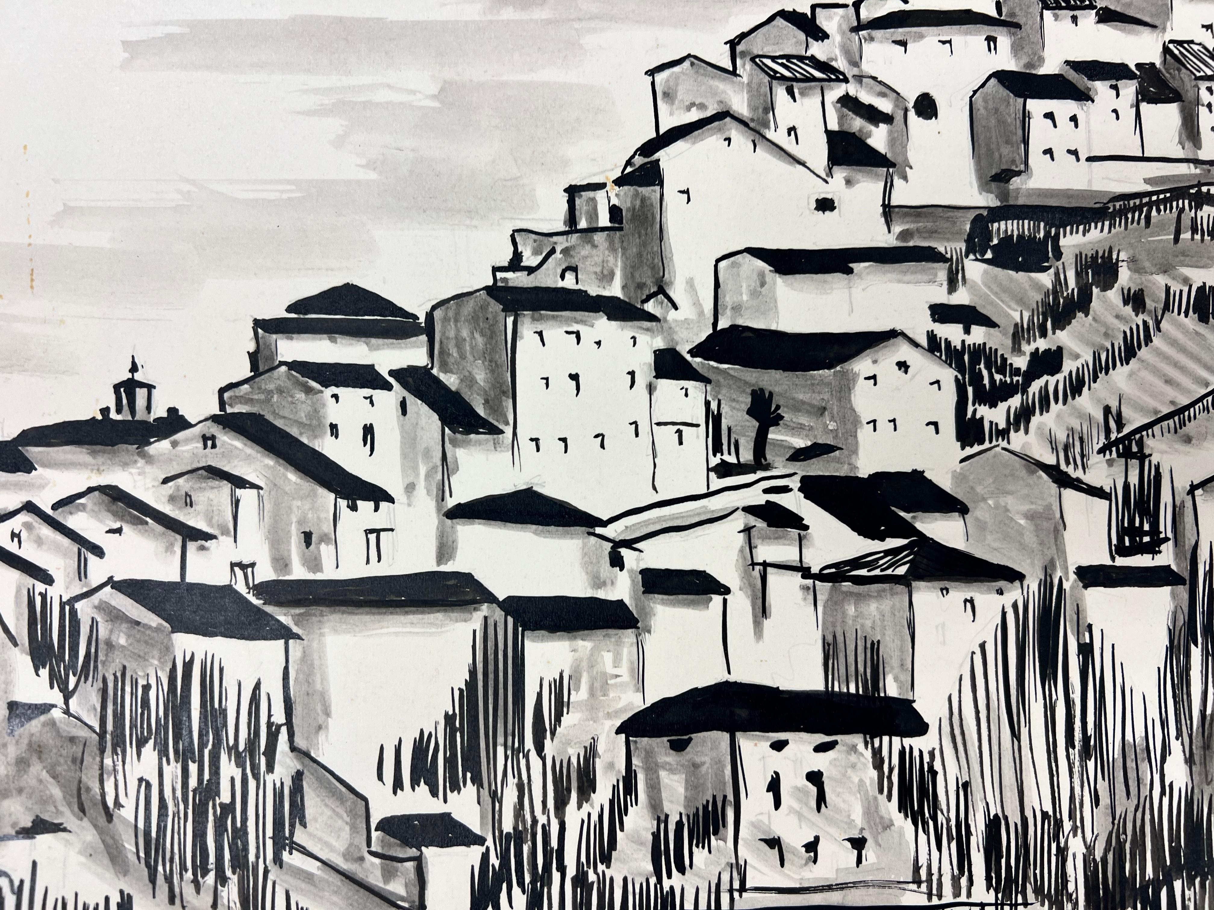 1950's Modernist/ Cubist Painting - Black and White Roof Top Town Landscape For Sale 1