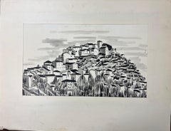 Vintage 1950's Modernist/ Cubist Painting - Black and White Roof Top Town Landscape