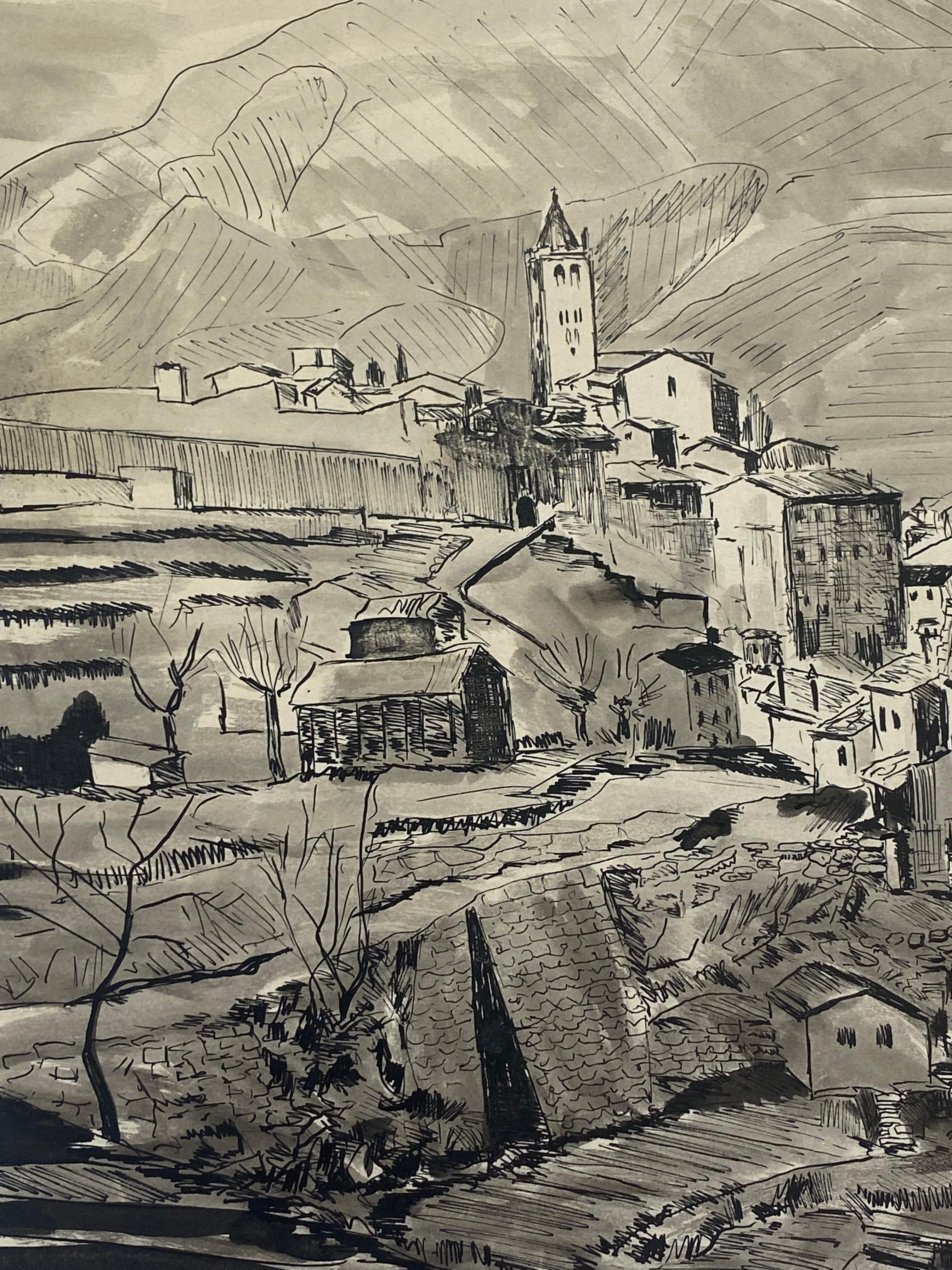 1950's Modernist/ Cubist Painting - Black & White French Landscape - Beige Landscape Painting by Bernard Labbe