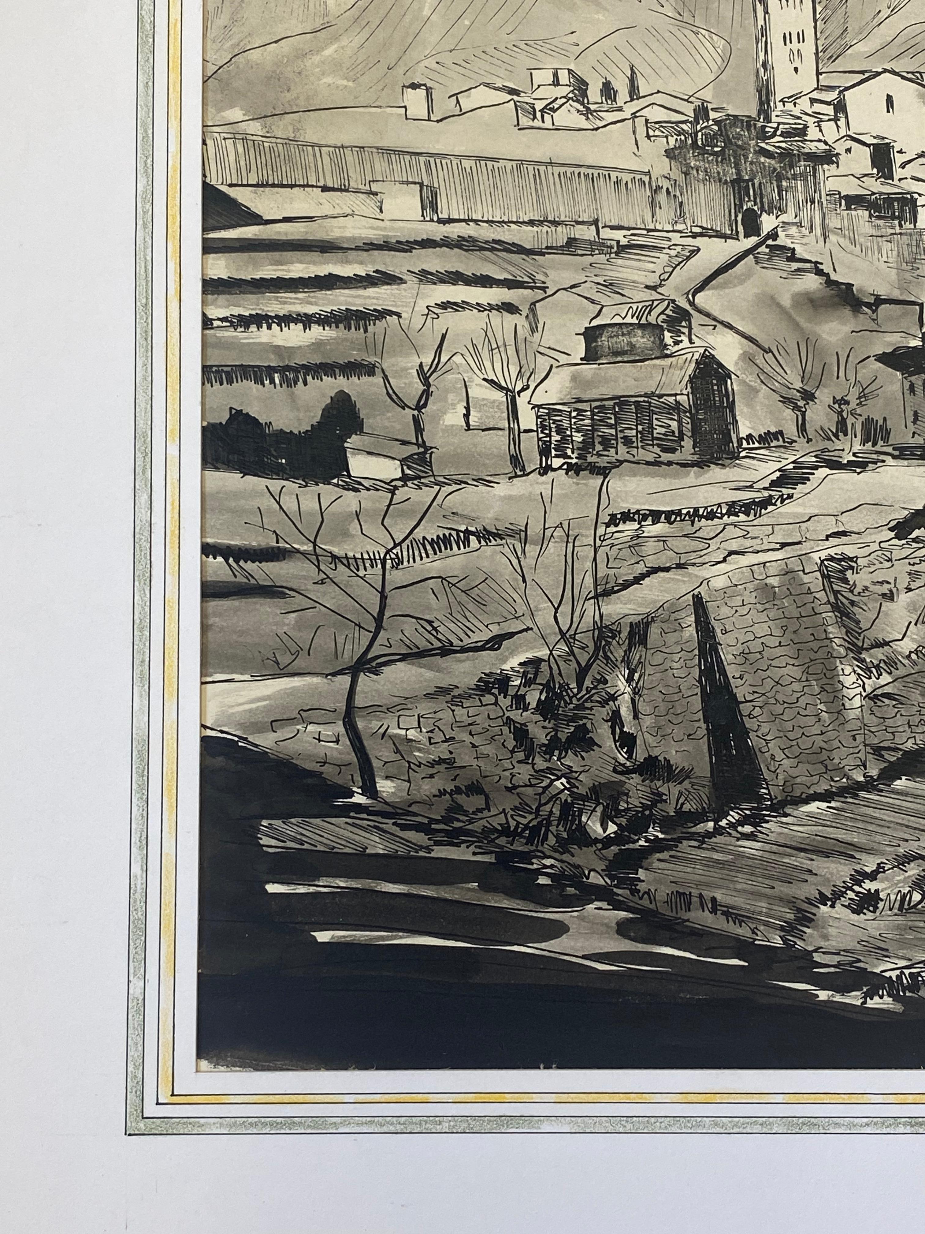 1950's Modernist/ Cubist Painting - Black & White French Landscape For Sale 1
