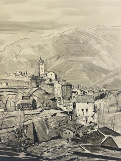 Pintura modernista/cubista de los años 50 - Paisaje francés en blanco y negro