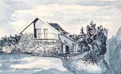 Malerei der 1950er Jahre im Stil des Modernismus und Kubismus – Blaue französische Landschaft