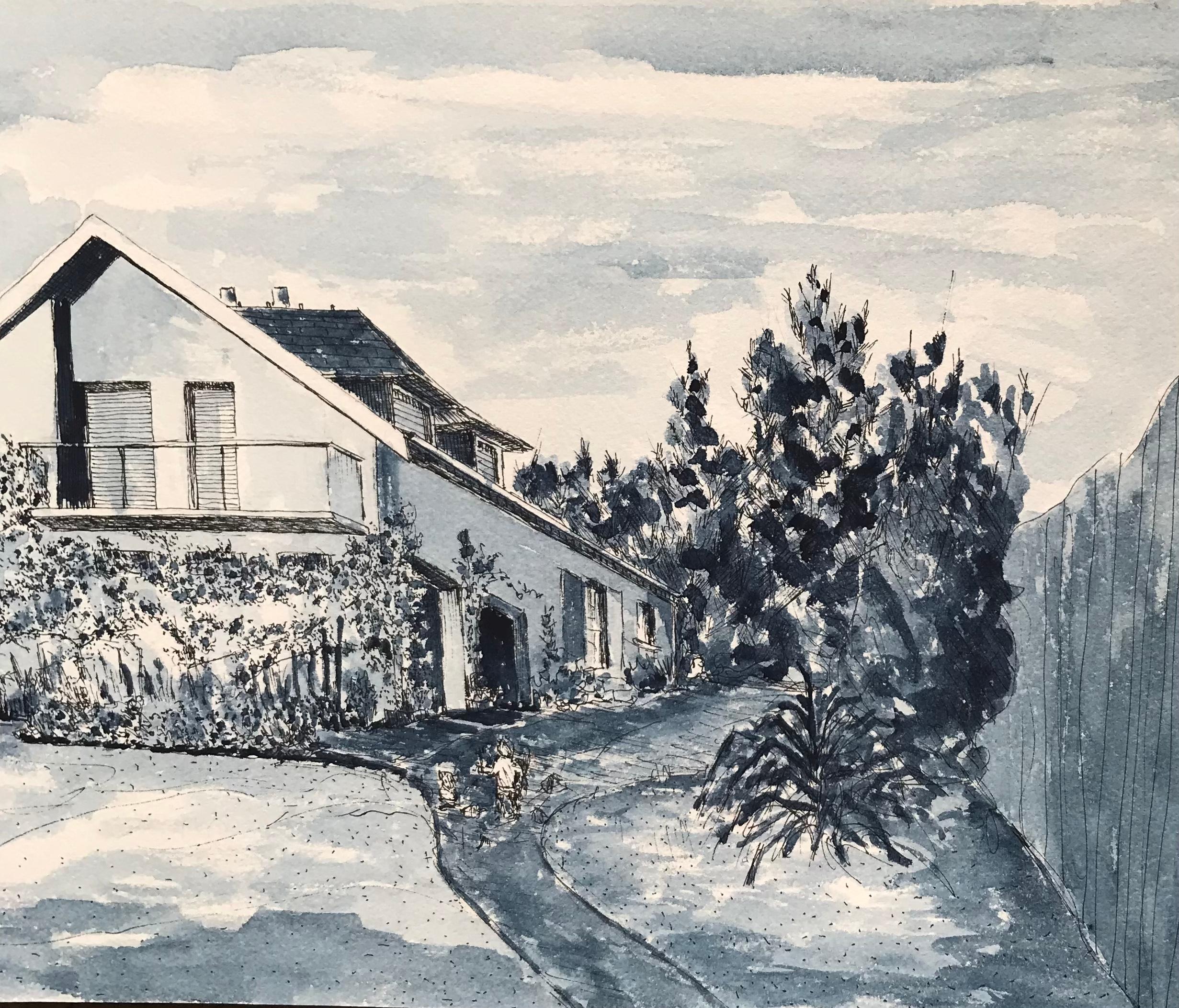 French Landscape
by Bernard Labbe (French mid 20th century)
original watercolour on artist paper, unframed
size: 7 x 11  inches
condition: very good and ready to be enjoyed. 

provenance: the artists atelier/ studio, France (stamped verso)