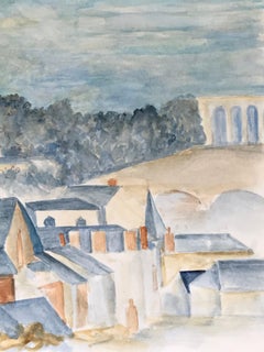 1950's Modernist/ Kubist Gemälde - Blau Französisch Aquarell Landschaft