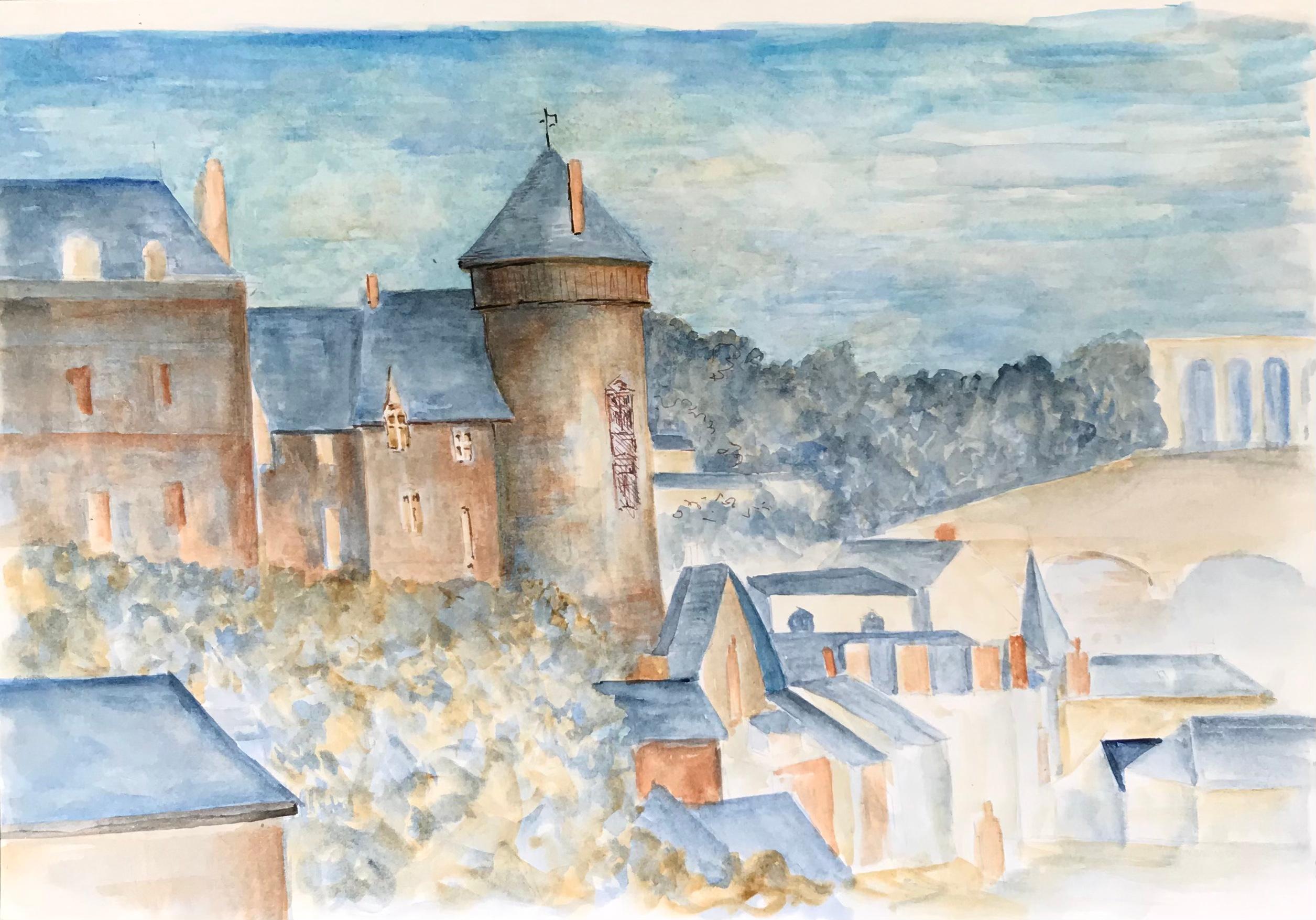 1950's Modernist/ Cubist Painting - Blue French Watercolour Landscape