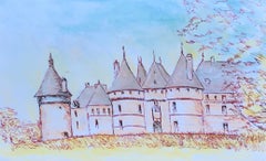 1950's Modernist/ Cubist Painting - Blue Skies Over French Chateau